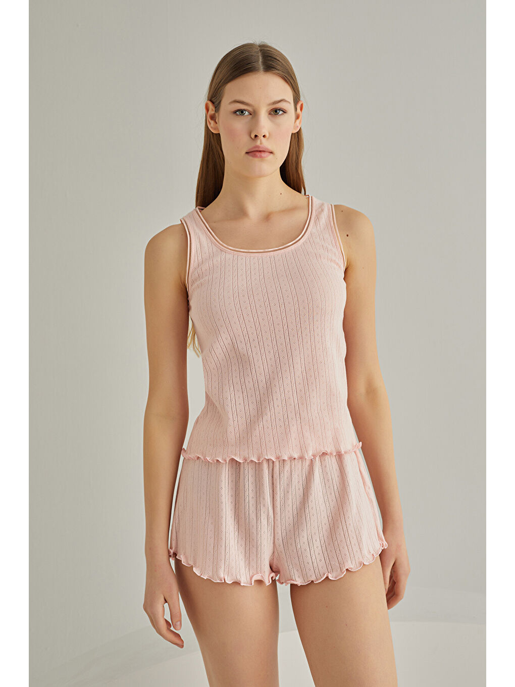 Pembe Somon Striped Atlet Şort Takım-1