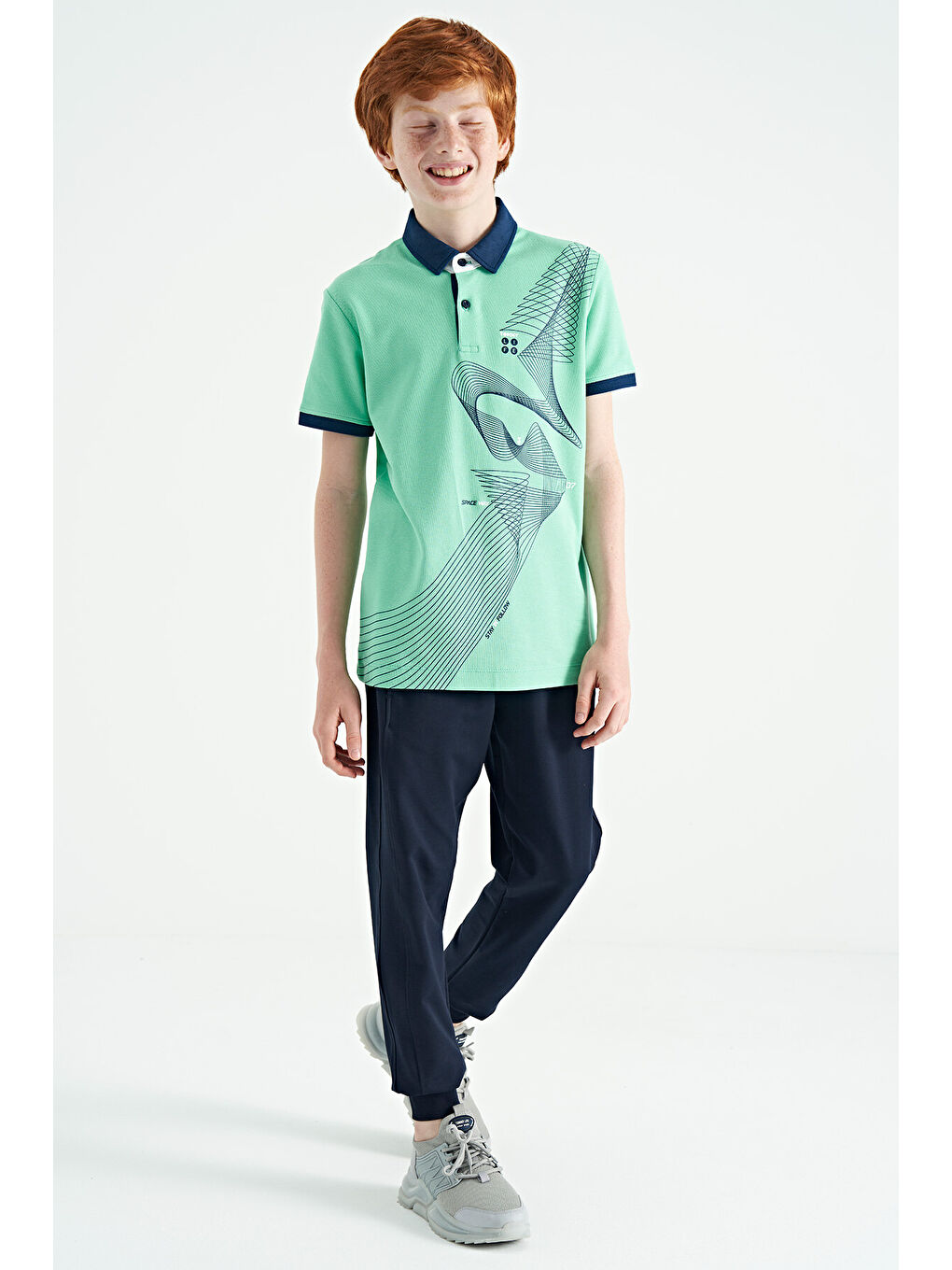 Turkuaz Su Yeşili Baskı Detaylı Standart Kalıp Polo Yaka Erkek Çocuk Tişört - 11164-6