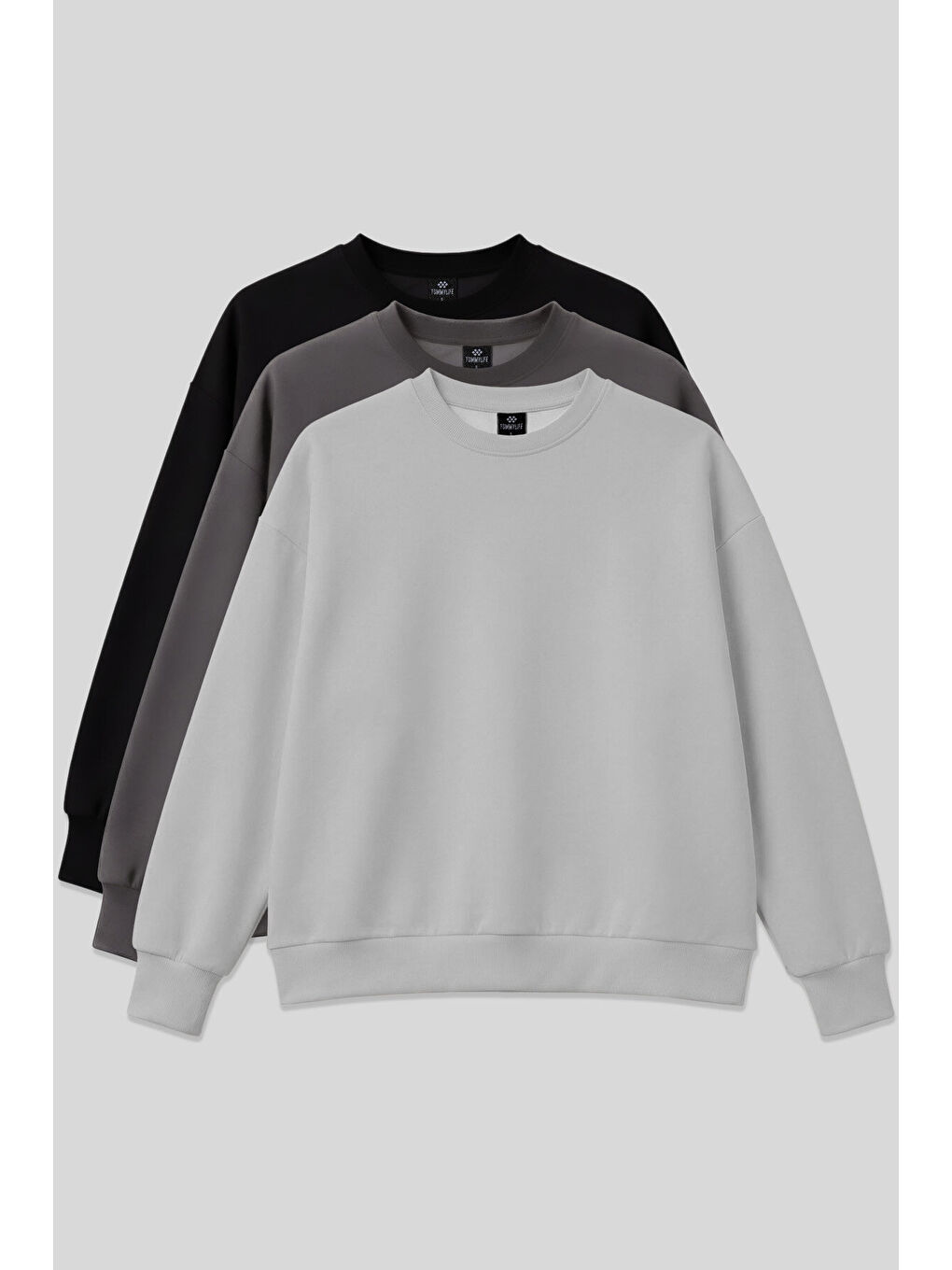 Basic Oversıze O Yaka 3lü Paket Siyah-Koyu Gri- Taş Kadın Sweatshirt - 97053