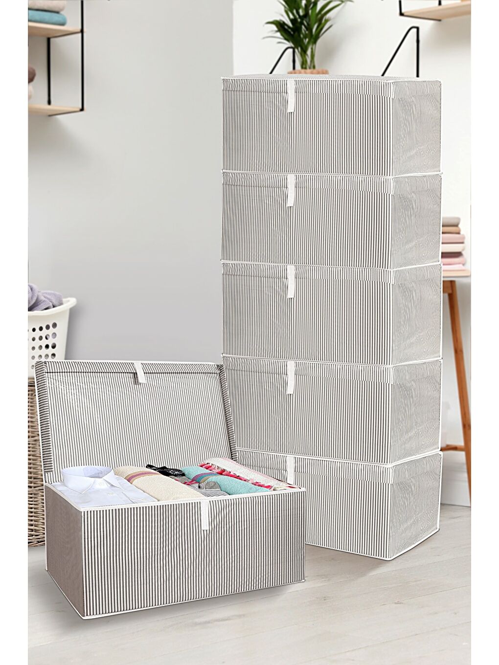 Gri 6 Adet Kapaklı Hurç Saklama Kutusu 70x40x30 cm