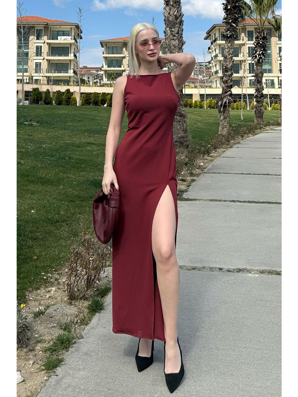 Bordo Maxi Boy Yırtmaç Detaylı Kadın Elbise Mg2367-3