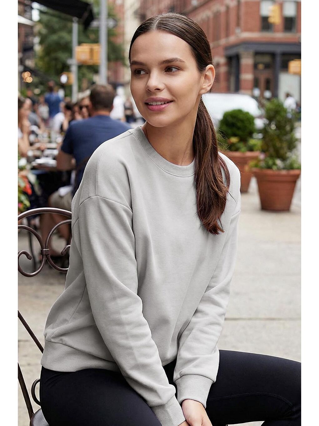 Basic Oversıze O Yaka 3lü Paket Siyah-Koyu Gri- Taş Kadın Sweatshirt - 97053-1