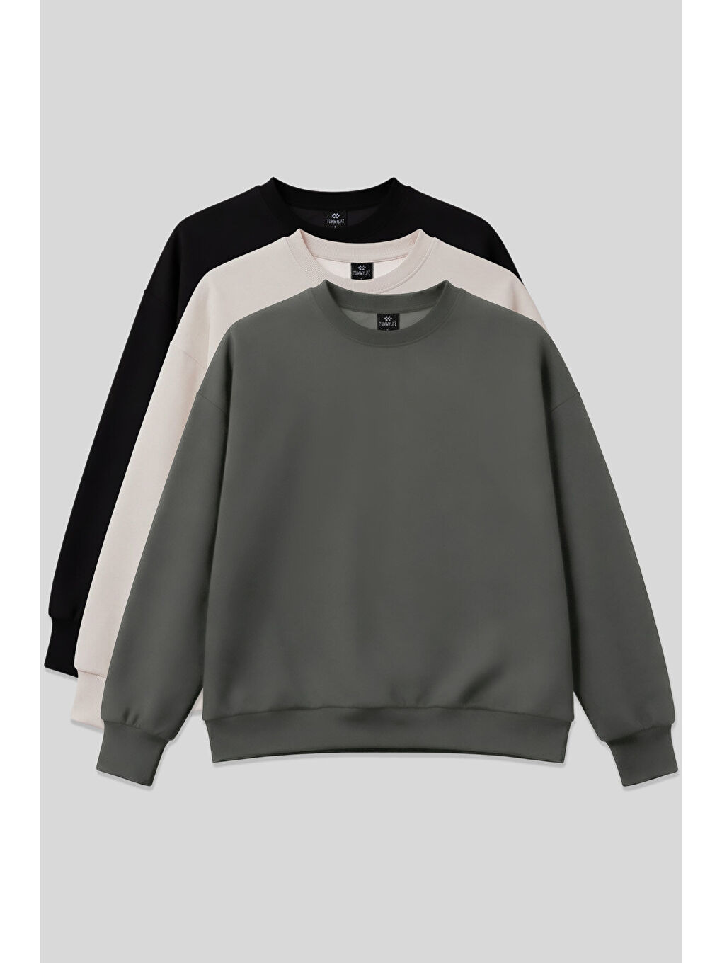 Basic Oversıze O Yaka 3lü Paket Siyah-Haki- Bej Kadın Sweatshirt - 97053