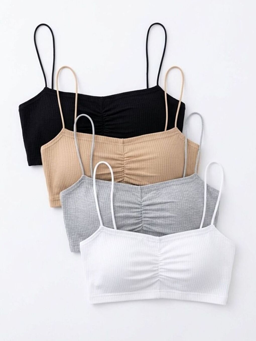 Karışık Kadın Büzgülü İp Askılı 4'lü Set Süper Crop Bluz Siyah Vizon Gri Beyaz