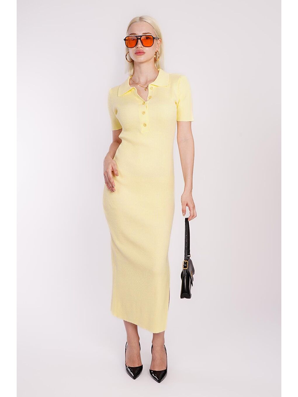 Sarı Yandan Yırtmaçlı Polo Yaka Kadın Triko Elbise Mg1480-1