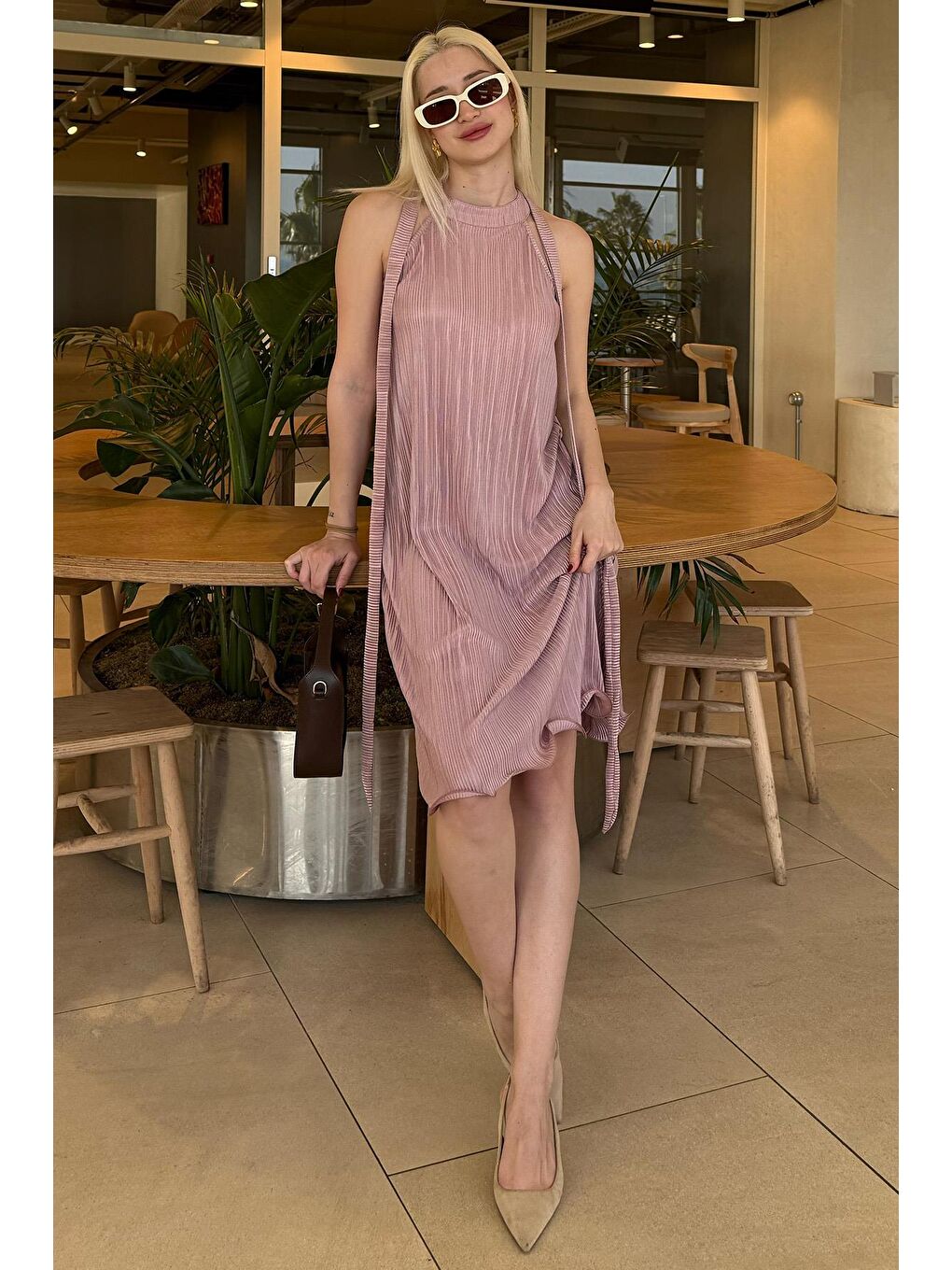 Pembe Pudra Halter Yaka Kadın Elbise Mg2351-4