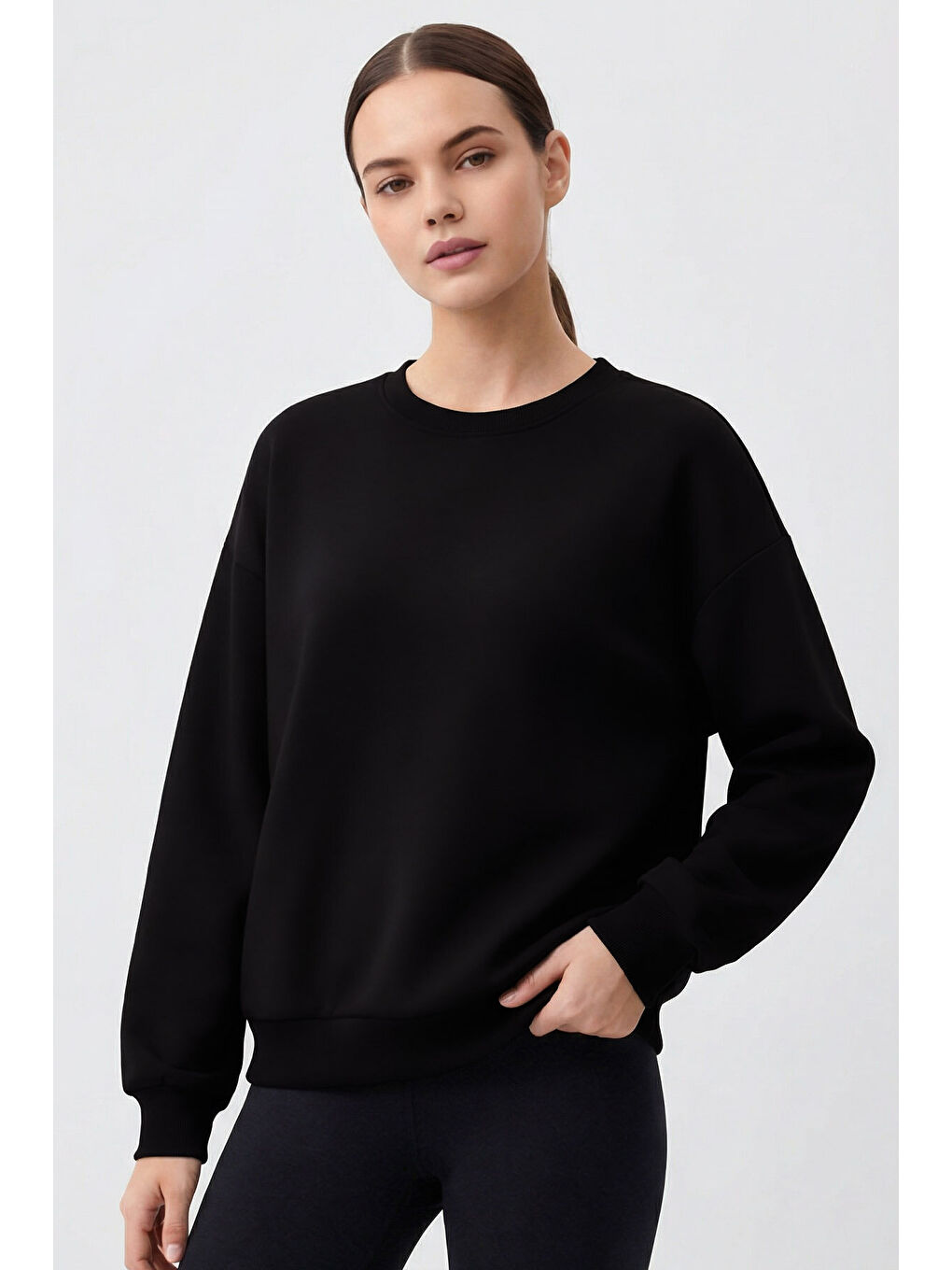 Basic Oversıze O Yaka 3lü Paket Siyah-Haki- Bej Kadın Sweatshirt - 97053-2