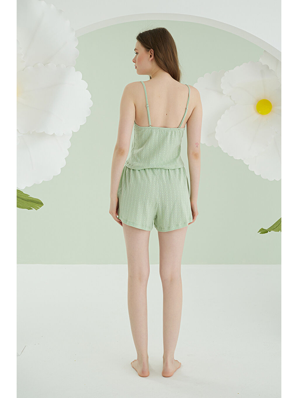 Yeşil İnce Askılı Kurdele Şortlu Pijama Takımı-2