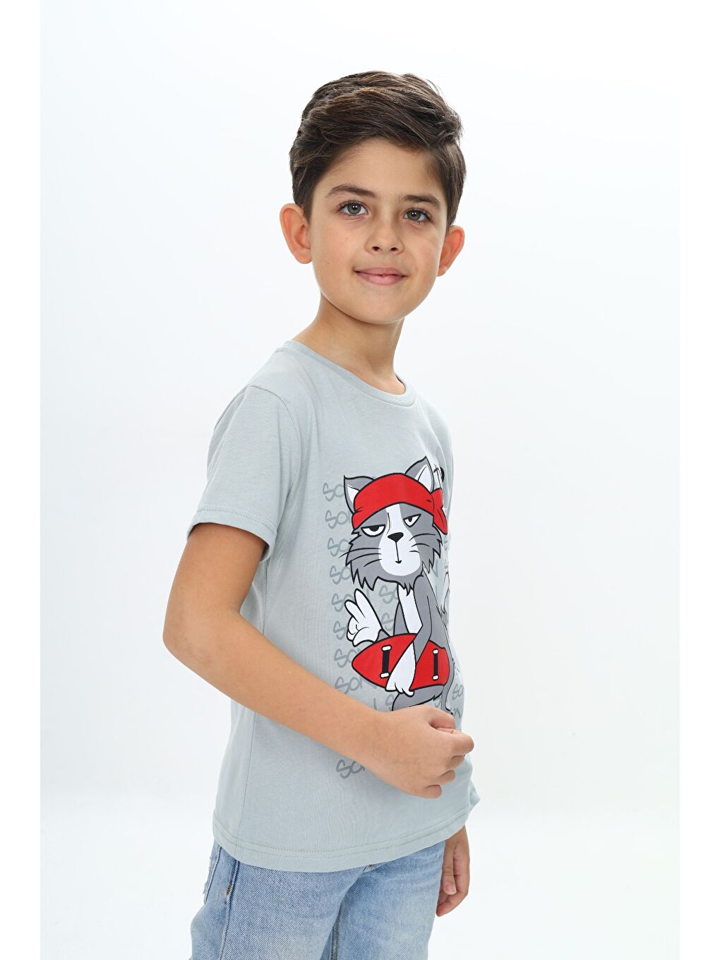 Yeşil Erkek Çocuk Kaykay Kedi Baskılı Tişört-2