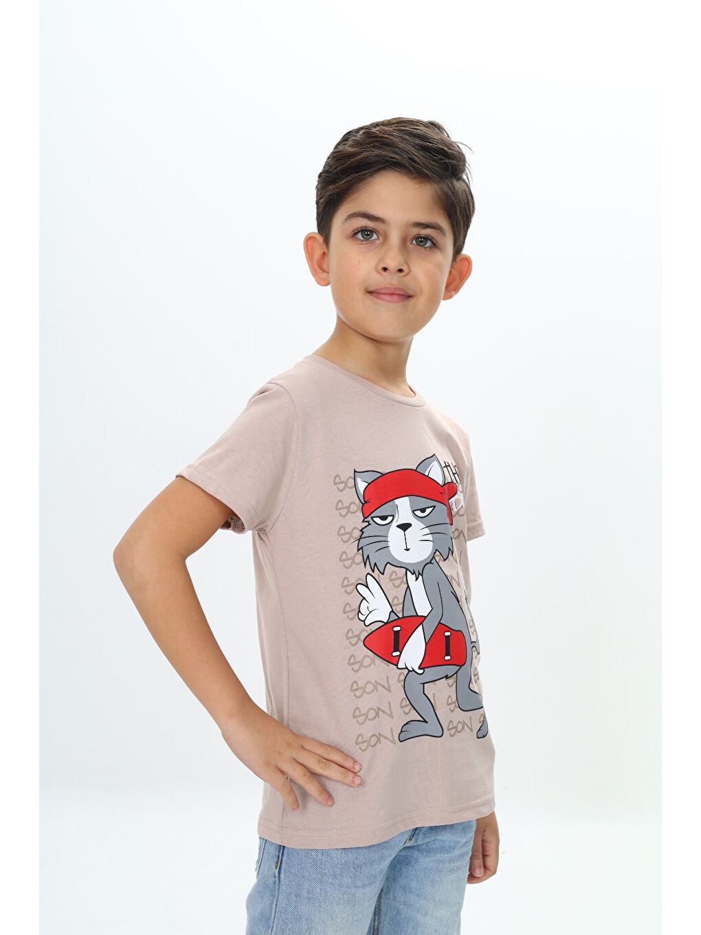 Bej Erkek Çocuk Kaykay Kedi Baskılı Tişört-1