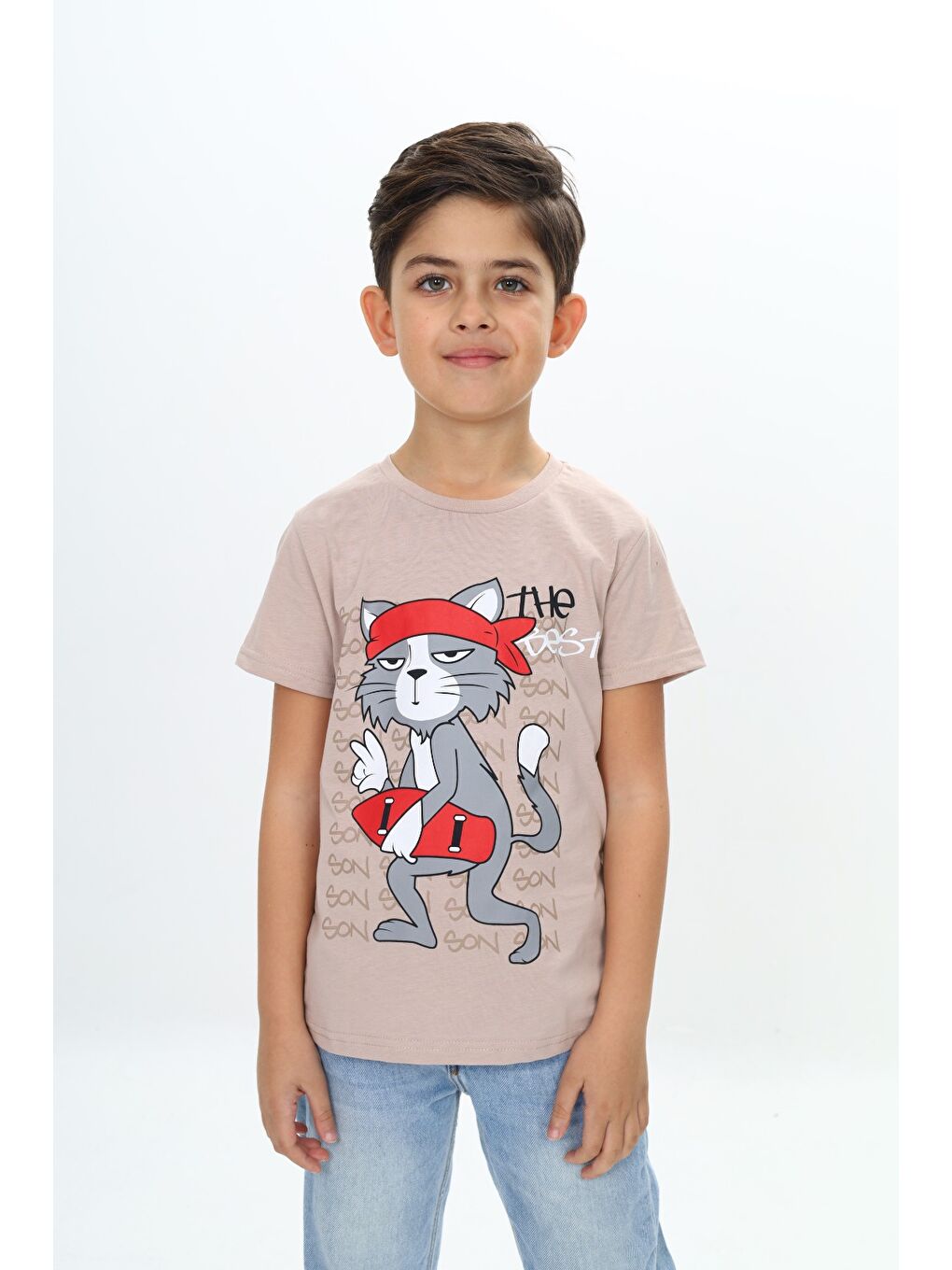 Bej Erkek Çocuk Kaykay Kedi Baskılı Tişört-3