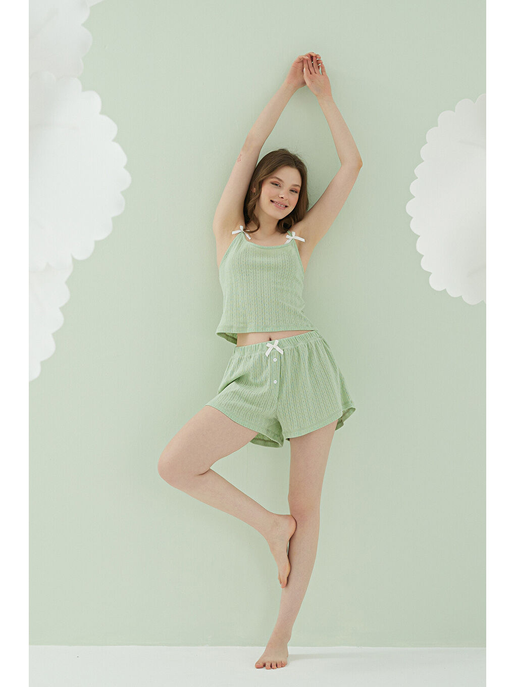 Yeşil İnce Askılı Kurdele Şortlu Pijama Takımı-3