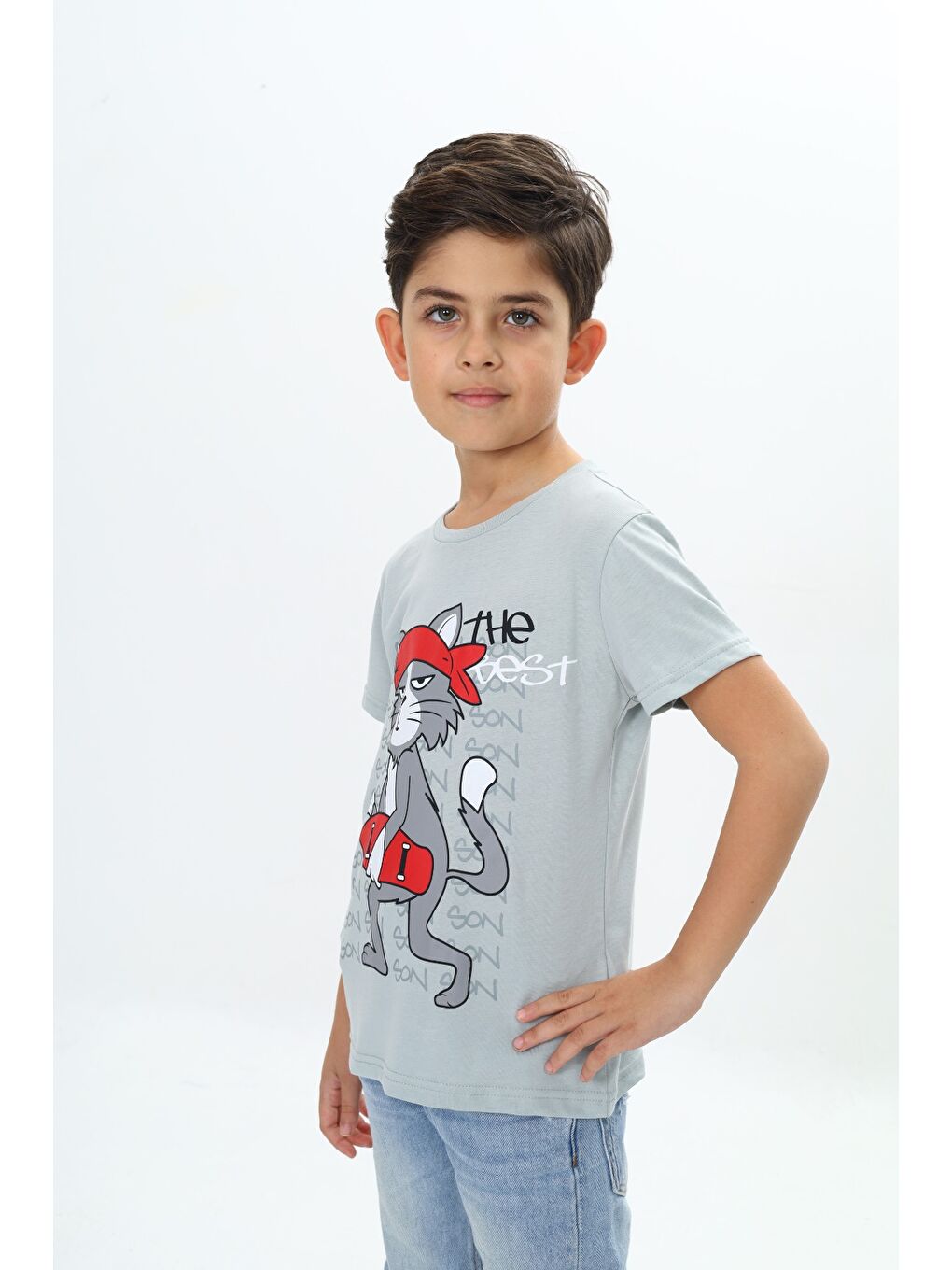 Yeşil Erkek Çocuk Kaykay Kedi Baskılı Tişört-4