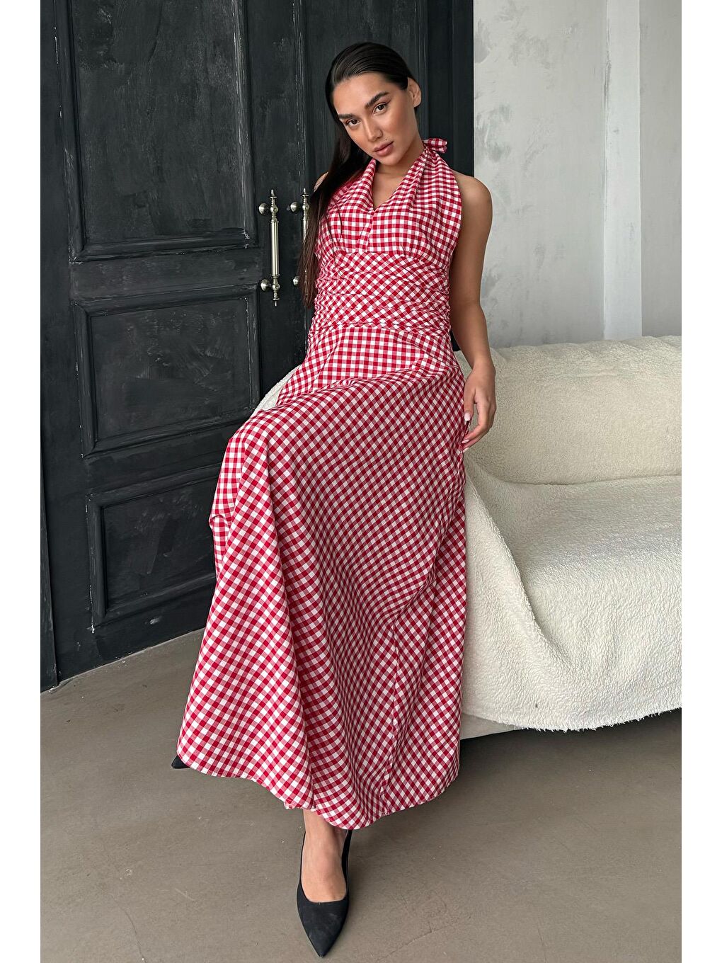 Kırmızı Ekoseli Midi Boy Kadın Elbise Mg2350-6