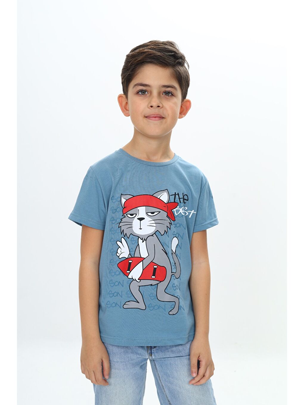 Lila Erkek Çocuk Kaykay Kedi Baskılı Tişört-1