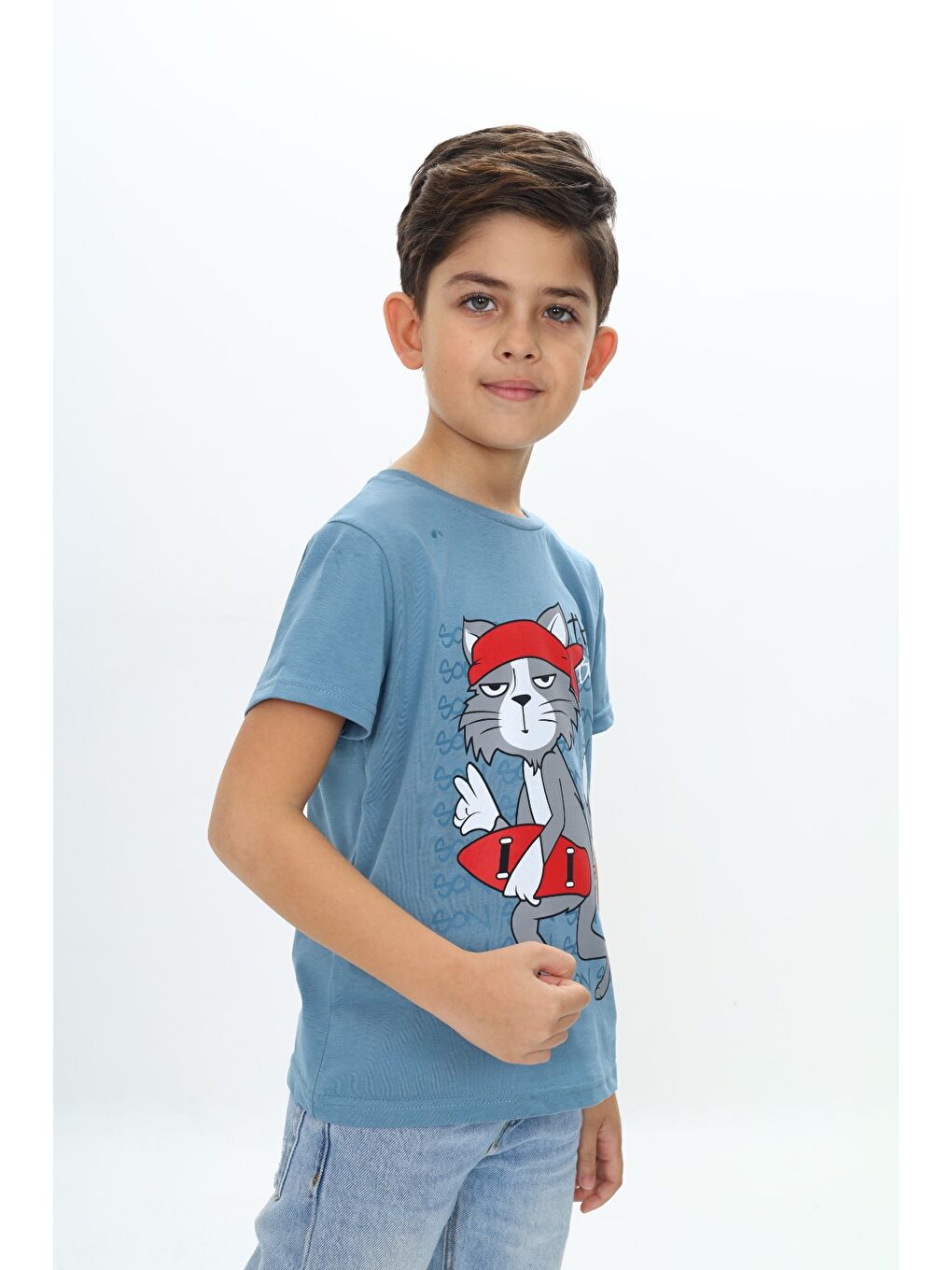 Lila Erkek Çocuk Kaykay Kedi Baskılı Tişört-2