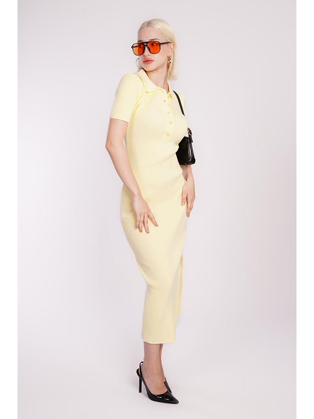 Sarı Yandan Yırtmaçlı Polo Yaka Kadın Triko Elbise Mg1480-3