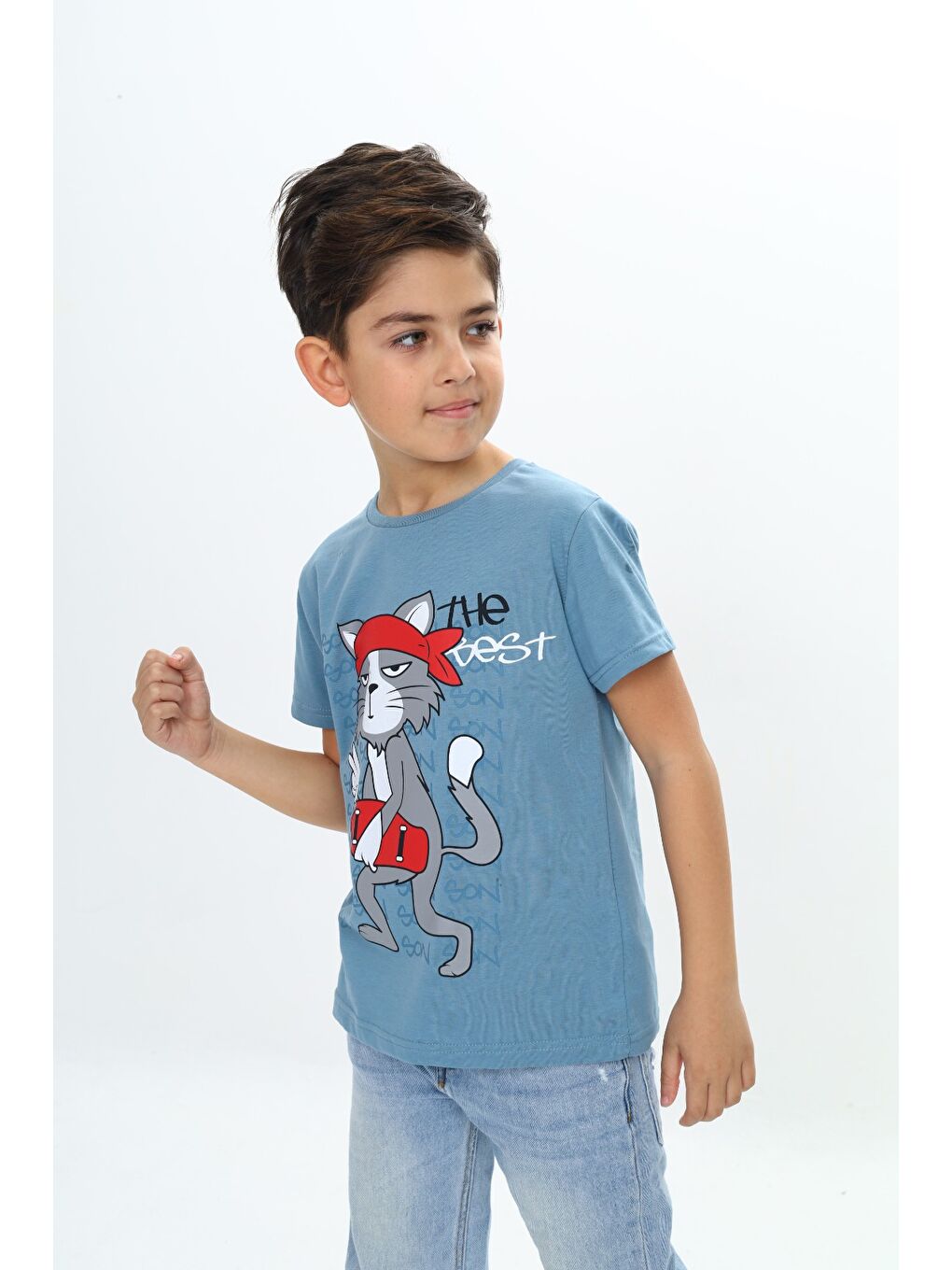 Lila Erkek Çocuk Kaykay Kedi Baskılı Tişört-4