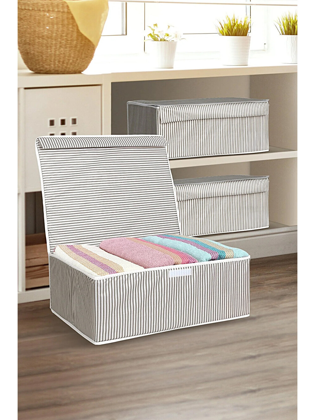 Gri 3 Adet Kapaklı Hurç Saklama Kutusu 50x40x19 cm