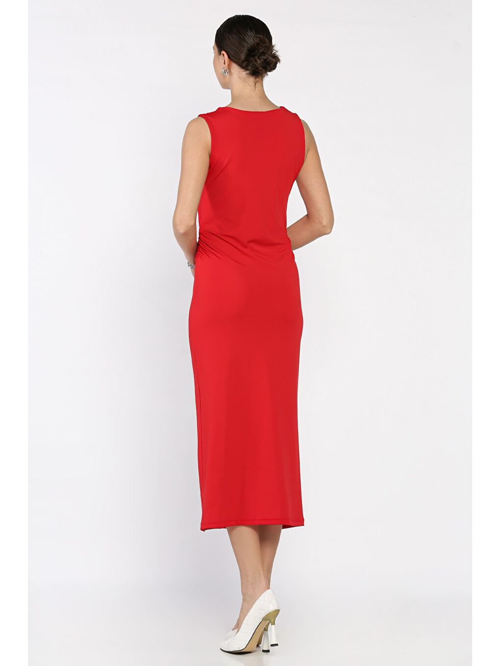Kırmızı Kadın Bel Büzgülü Omuz Aksesuar Detaylı Elastanlı Elbise-2