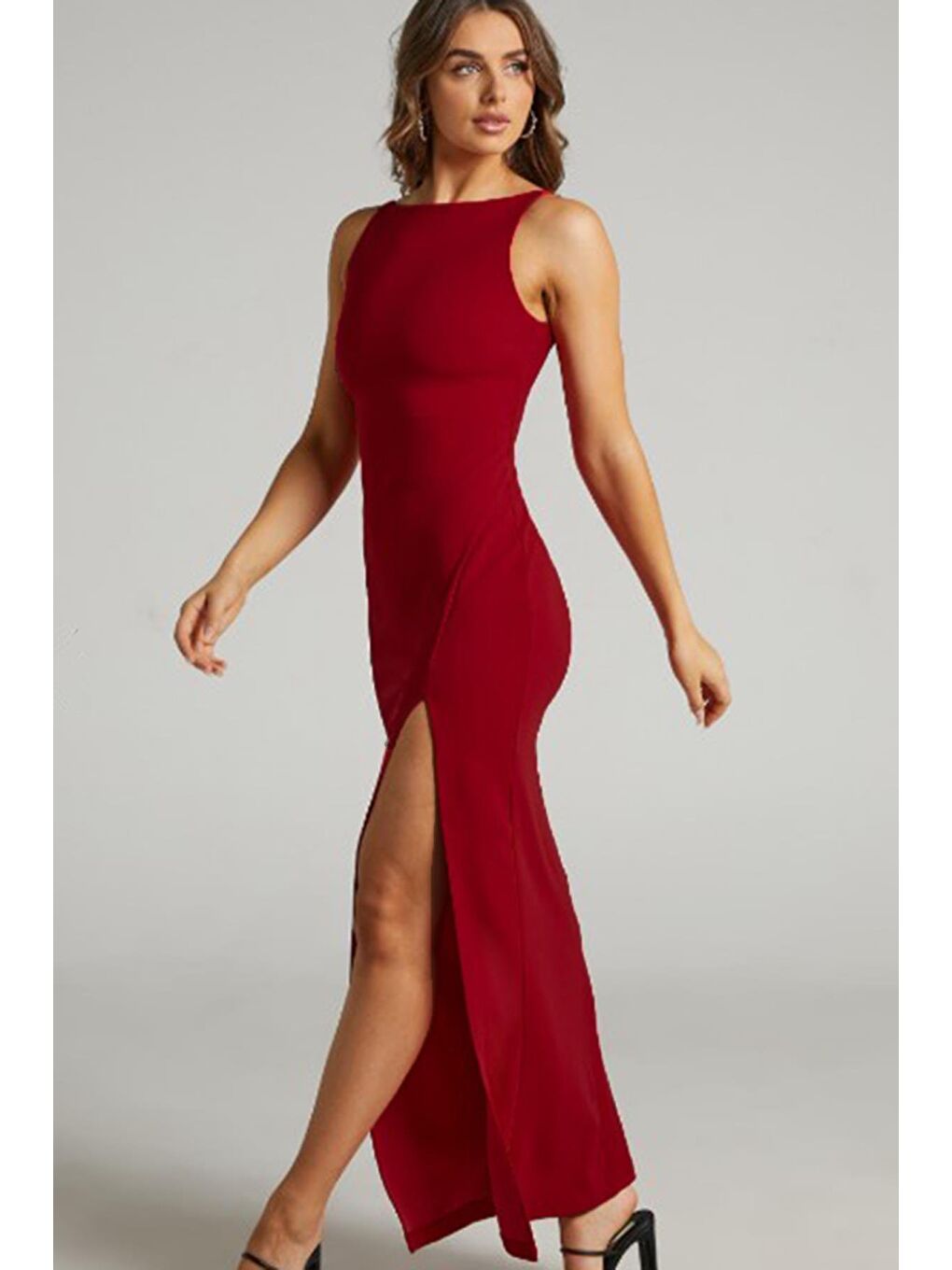 Bordo Maxi Boy Yırtmaç Detaylı Kadın Elbise Mg2367-4