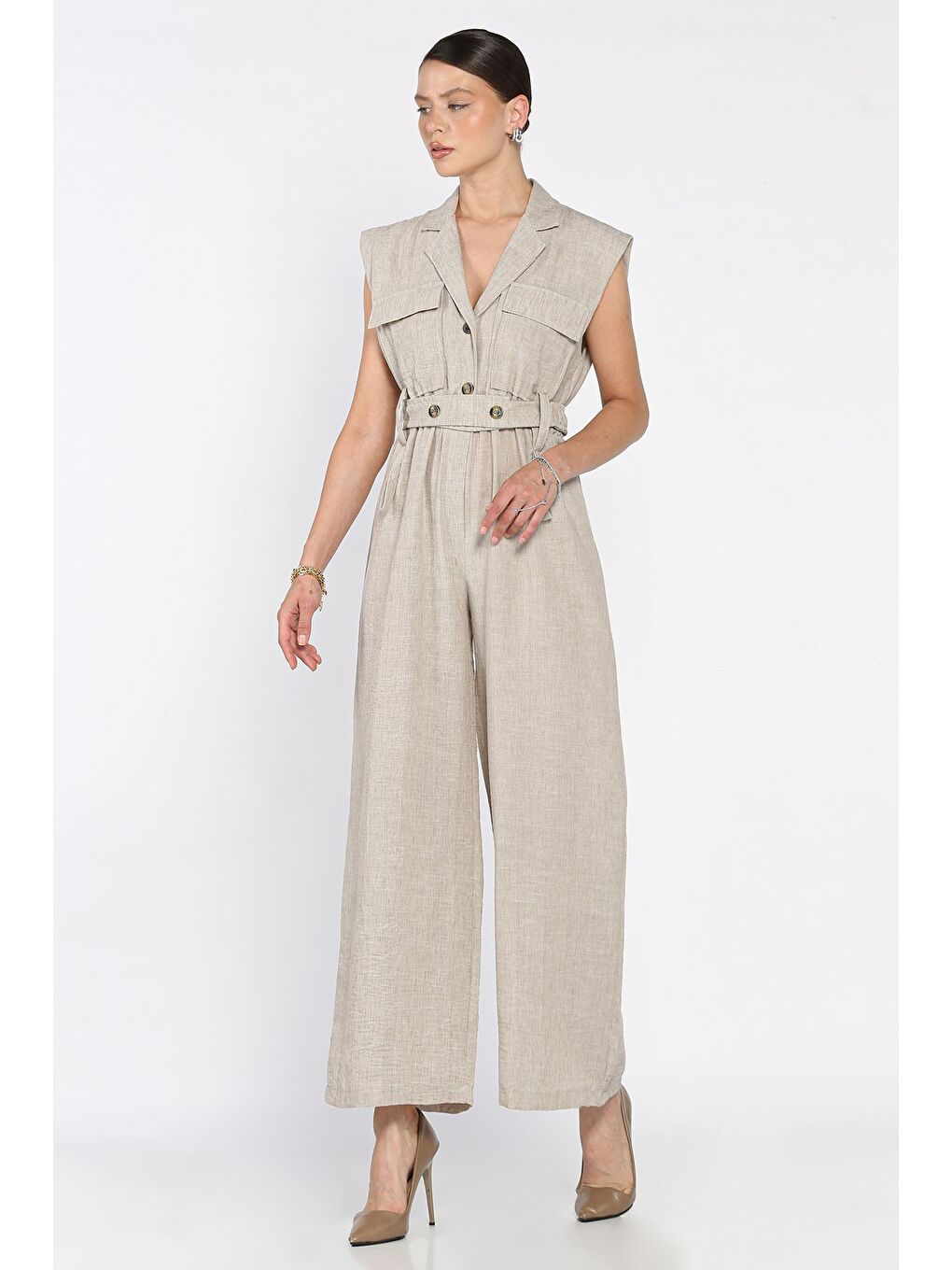 Bej Bel Lastikli Kemerli Keten Tulum-1