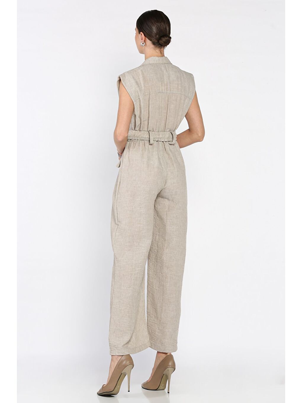 Bej Bel Lastikli Kemerli Keten Tulum-2