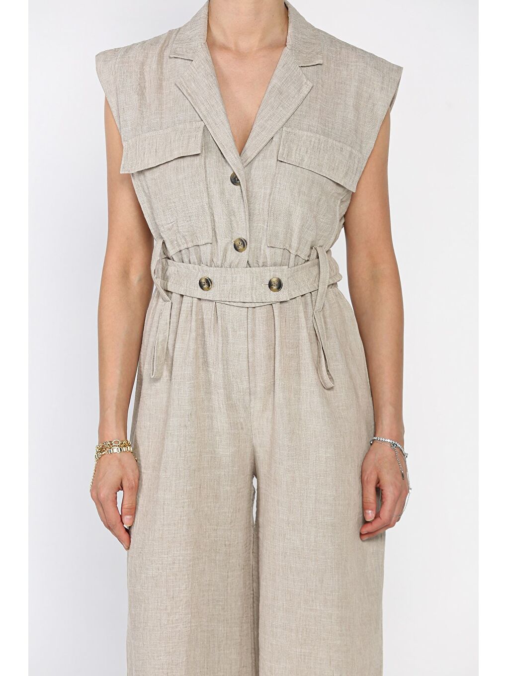 Bej Bel Lastikli Kemerli Keten Tulum-3