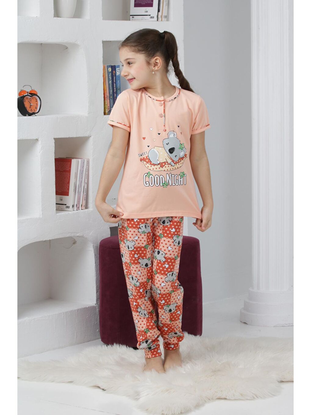 Kapi Kids Açık Somon Kız Çocuk Ayıcık Baskılı - 2 Düğmeli Pijama Takımı 7-11 Yaş 6065