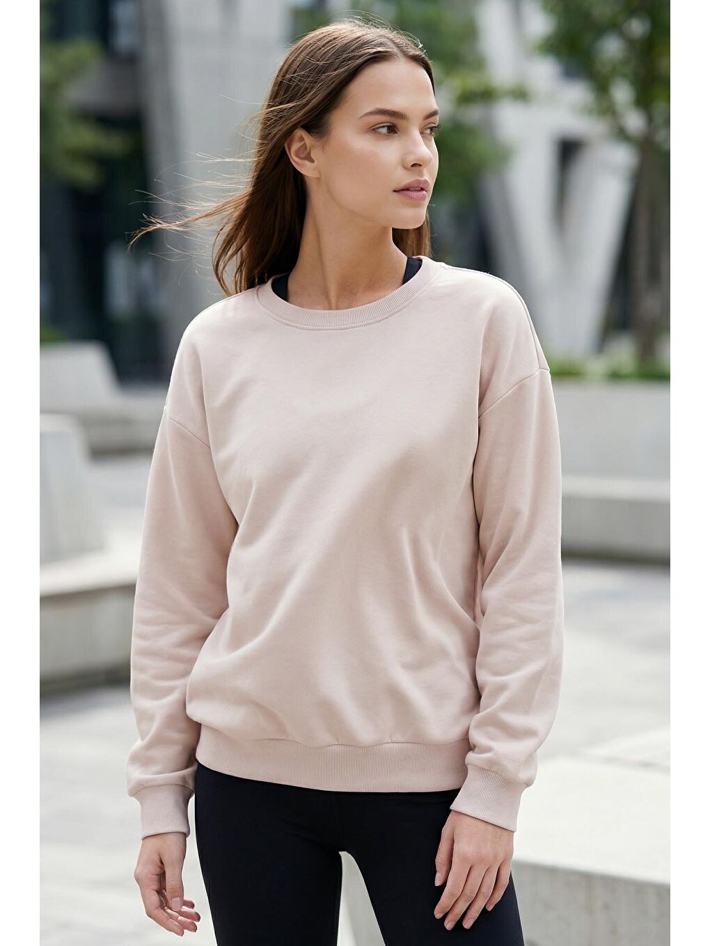 Basic Oversıze O Yaka 3lü Paket Koyu Gri-Bej- Yaban Gülü Kadın Sweatshirt - 97053-3