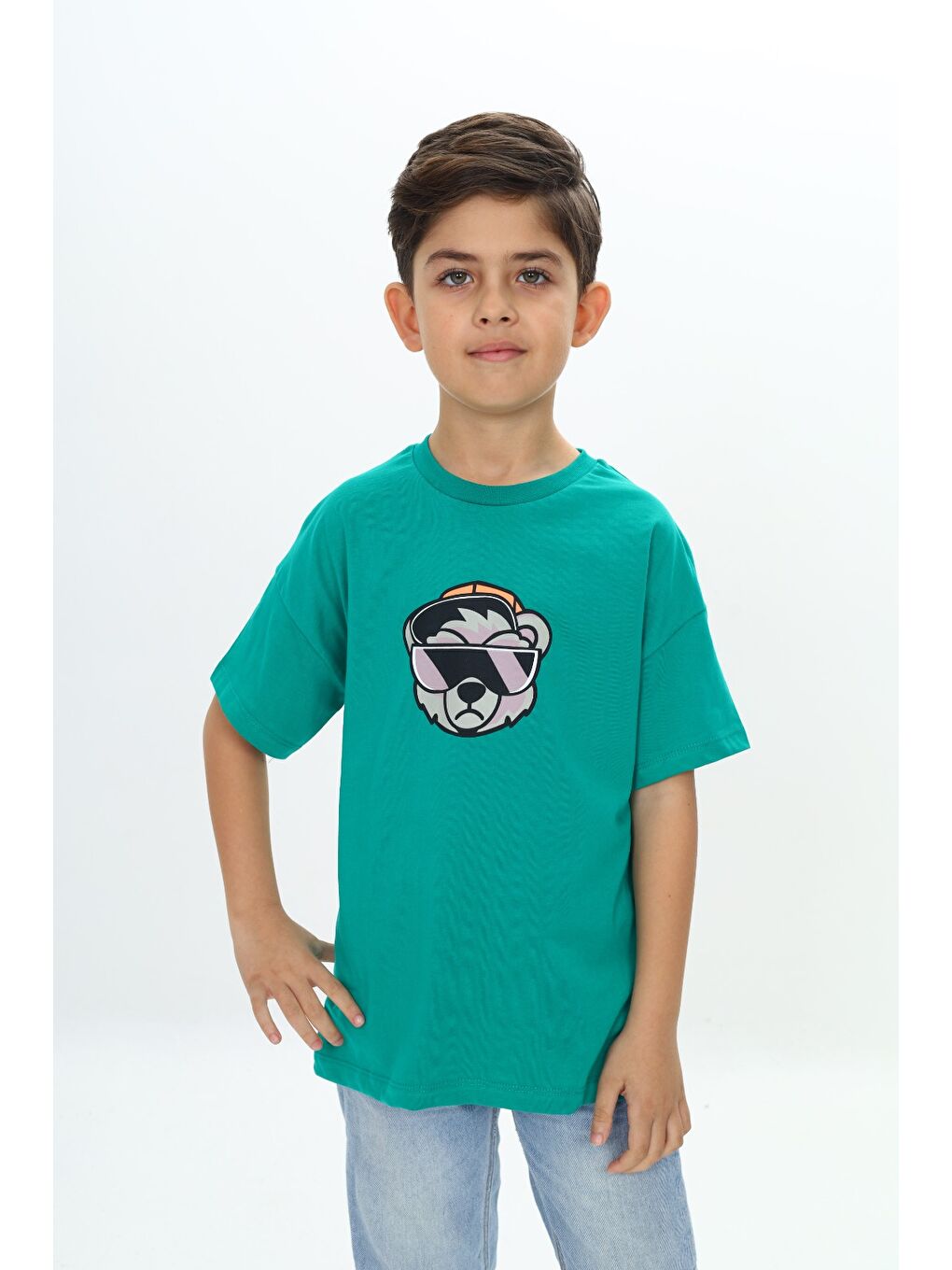 Yeşil Erkek Çocuk Şapkalı Ayı Baskılı Tişört