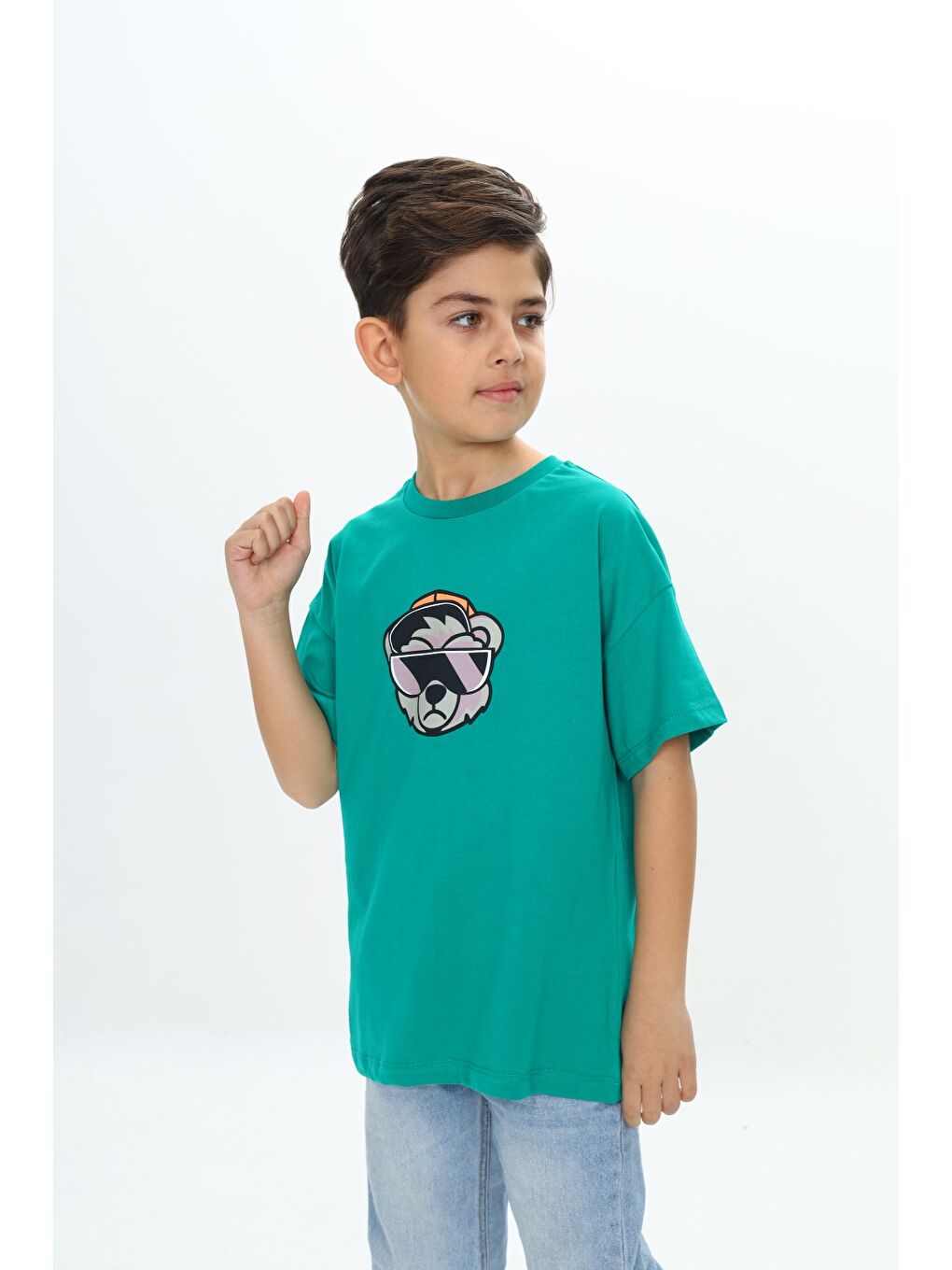 Yeşil Erkek Çocuk Şapkalı Ayı Baskılı Tişört-1