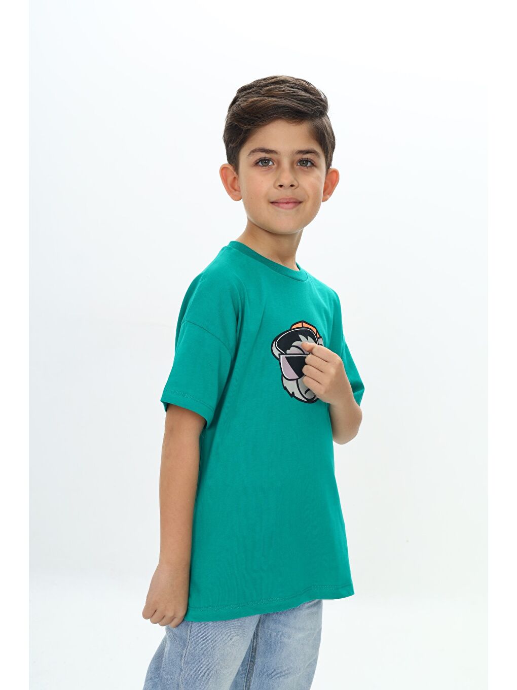 Yeşil Erkek Çocuk Şapkalı Ayı Baskılı Tişört-2