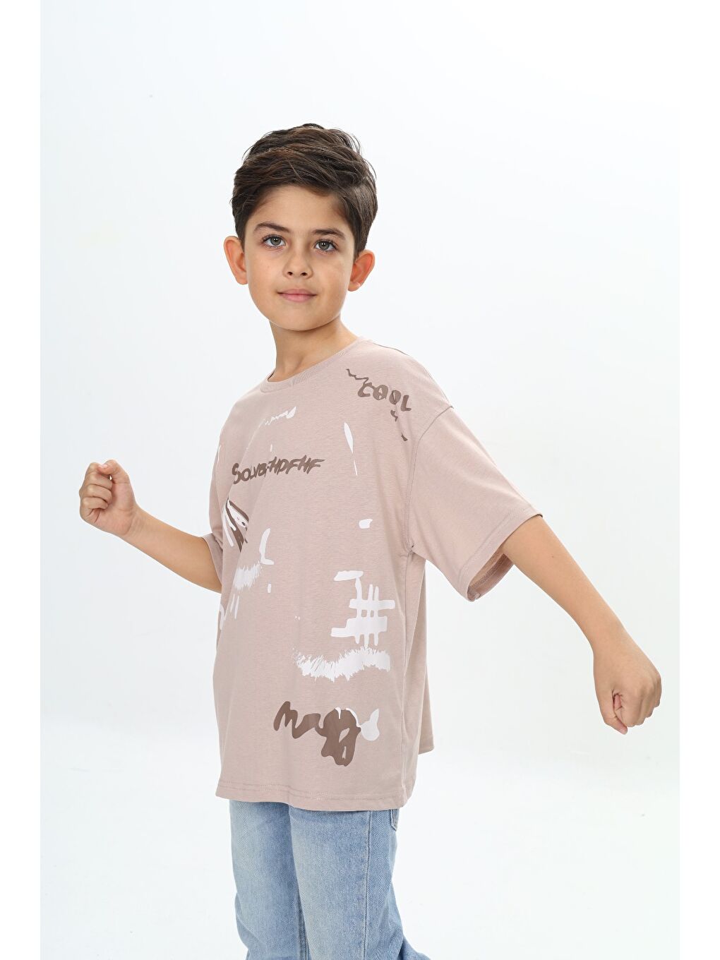 Bej Erkek Çocuk Grafiti Baskılı Tişört-1