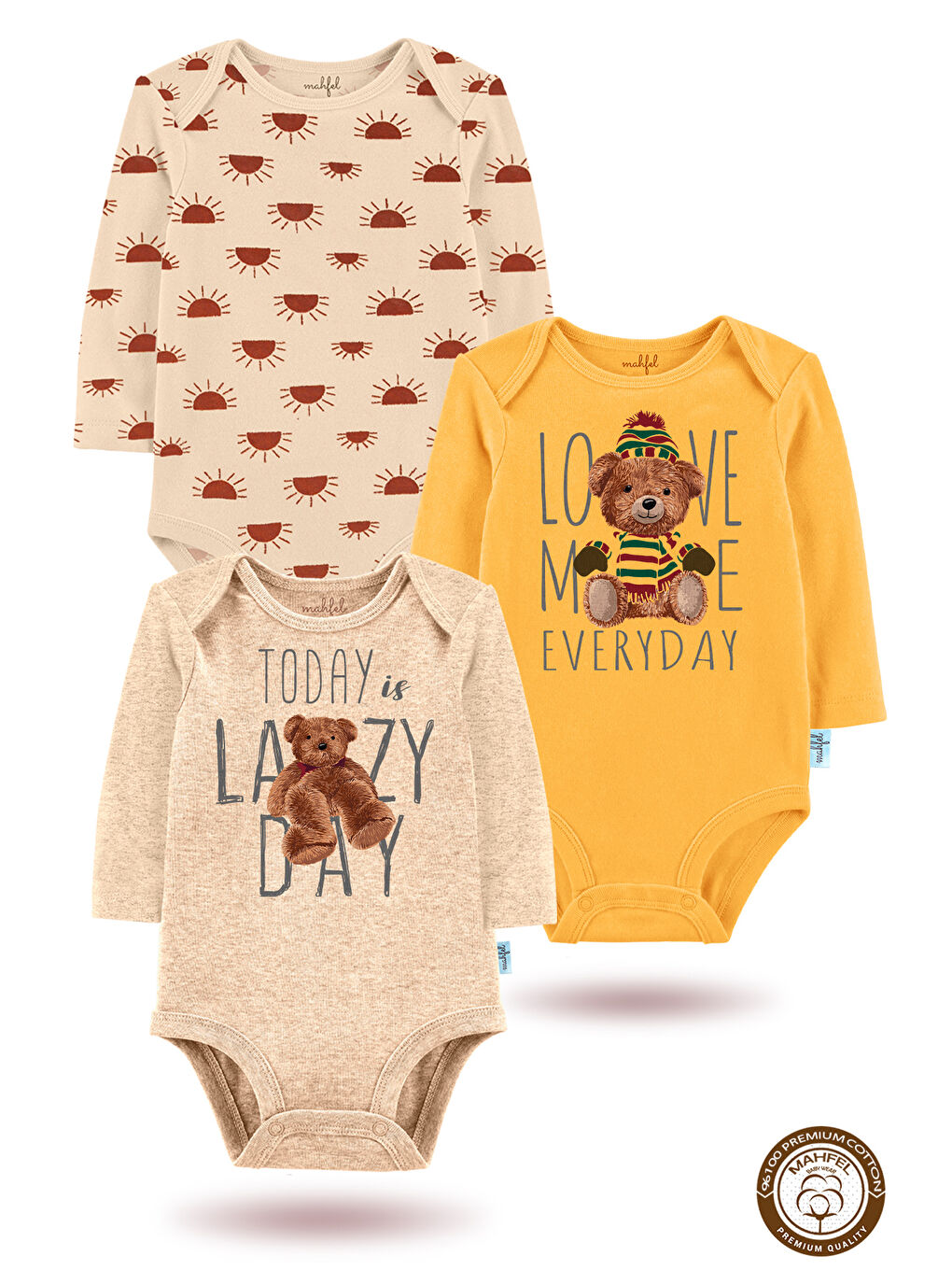 Bej 3 lü  100 Pamuklu Organik Baskılı Çıtçıtlı Bebek Body Zıbın
