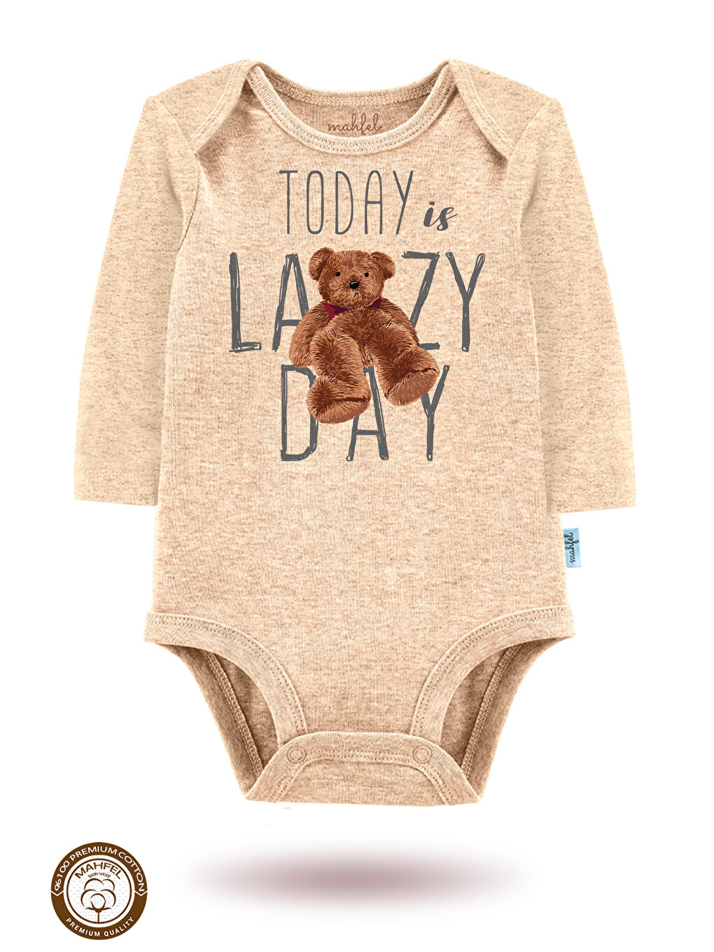 Bej 3 lü  100 Pamuklu Organik Baskılı Çıtçıtlı Bebek Body Zıbın-1