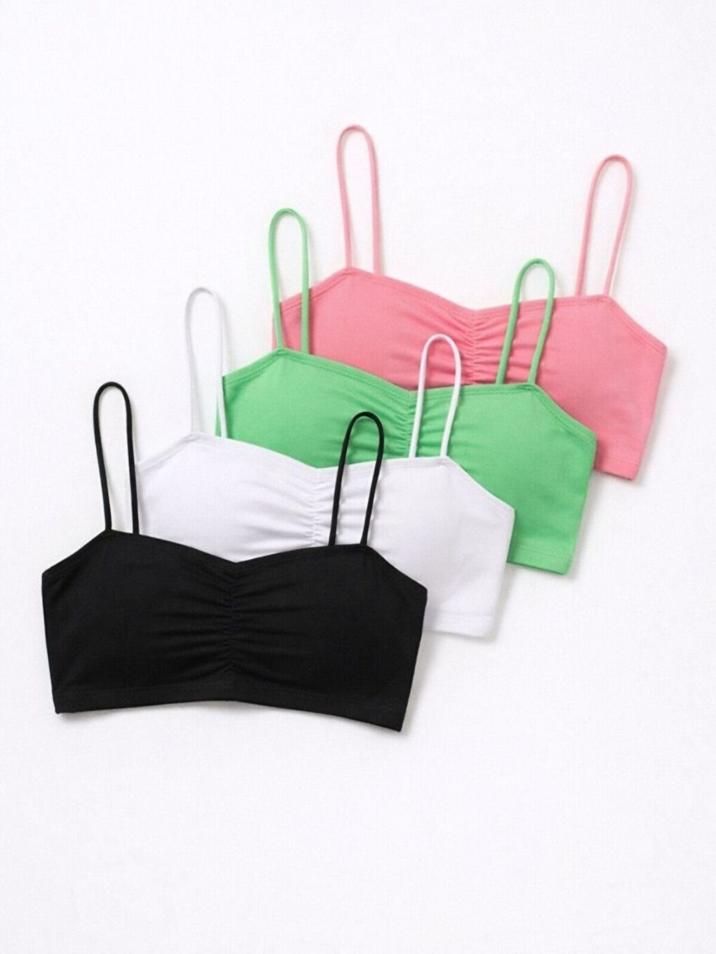 Karışık Kadın Büzgülü İp Askılı 4'lü Set Süper Crop Bluz Pembe Yeşil Beyaz Siyah