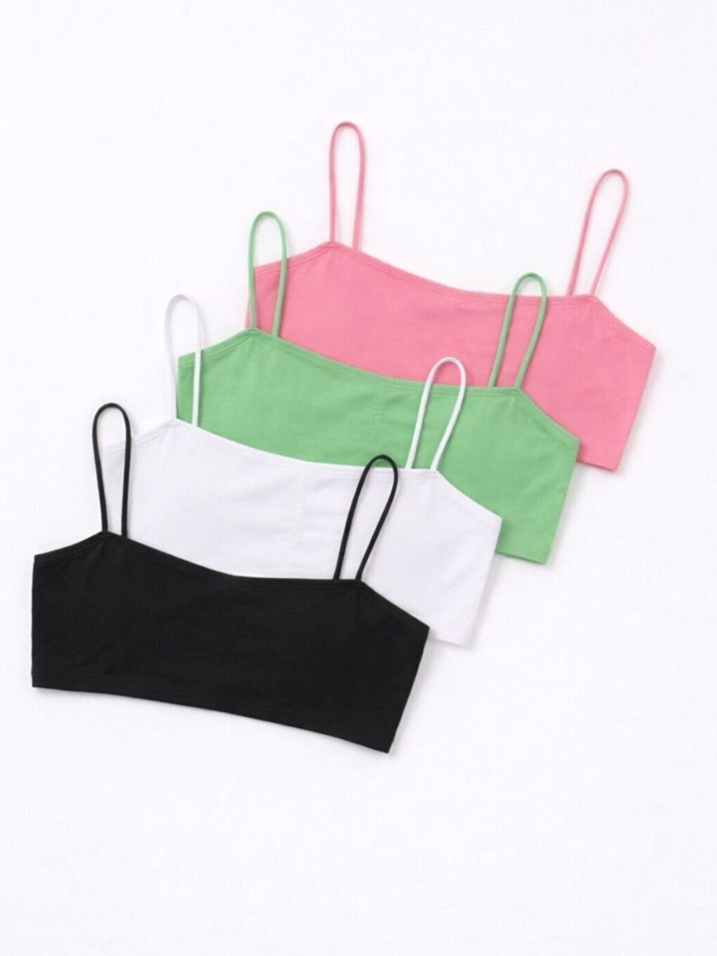 Karışık Kadın Büzgülü İp Askılı 4'lü Set Süper Crop Bluz Pembe Yeşil Beyaz Siyah-1