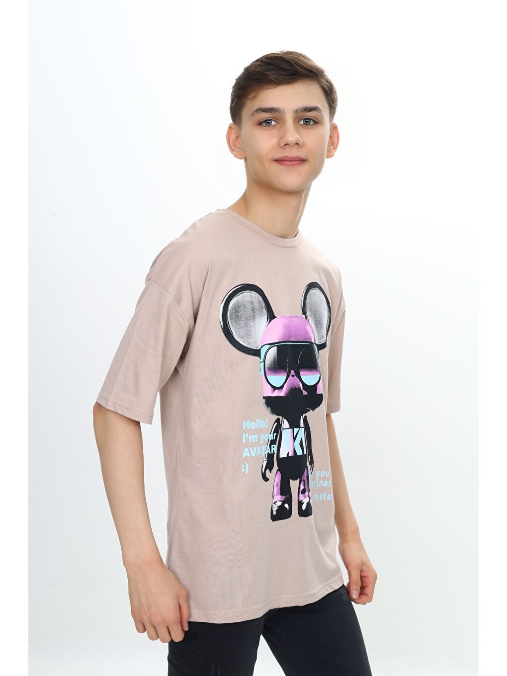Bej Erkek Çocuk Robot Baskılı Tişört-1