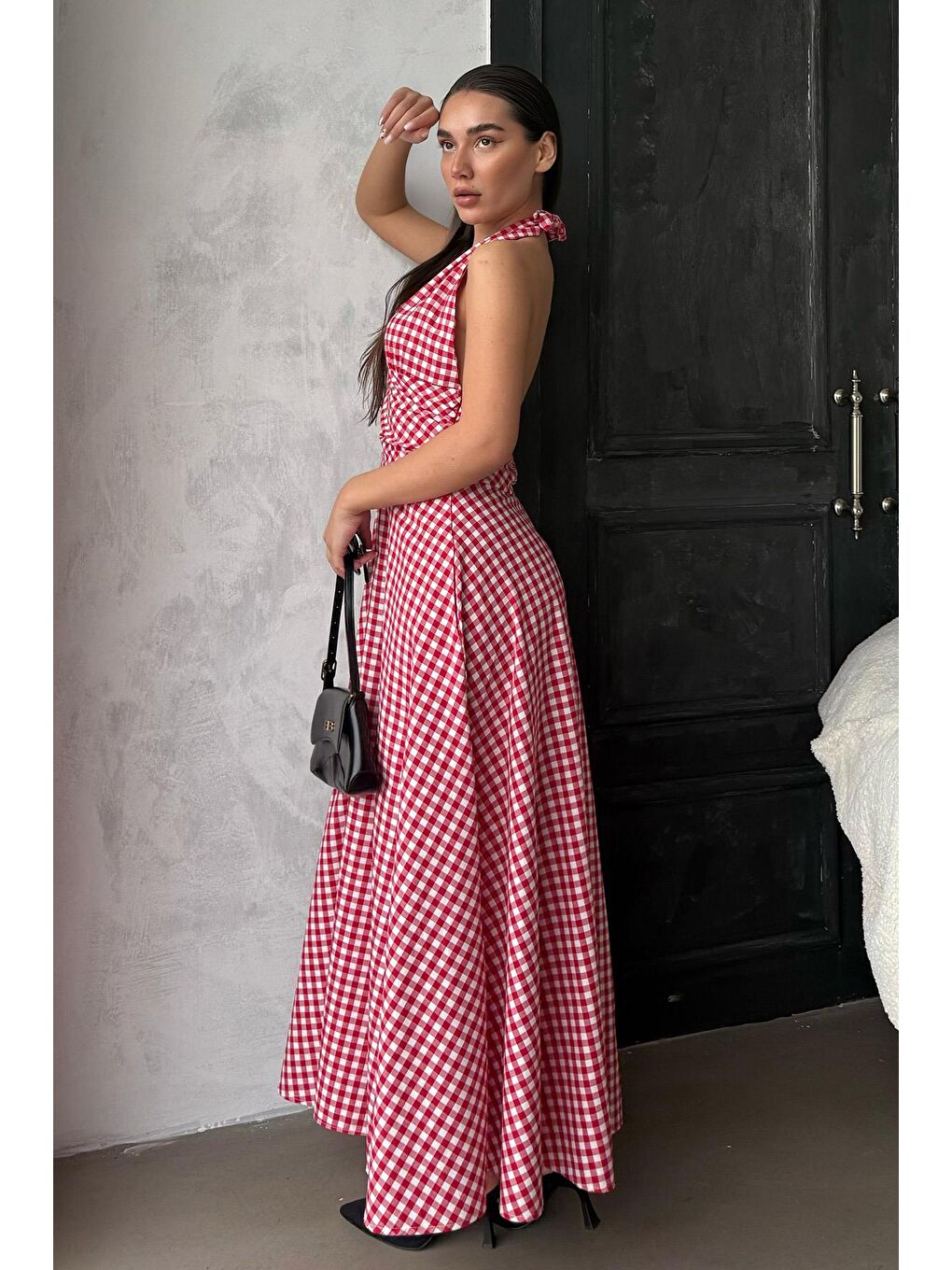 Kırmızı Ekoseli Midi Boy Kadın Elbise Mg2350-7