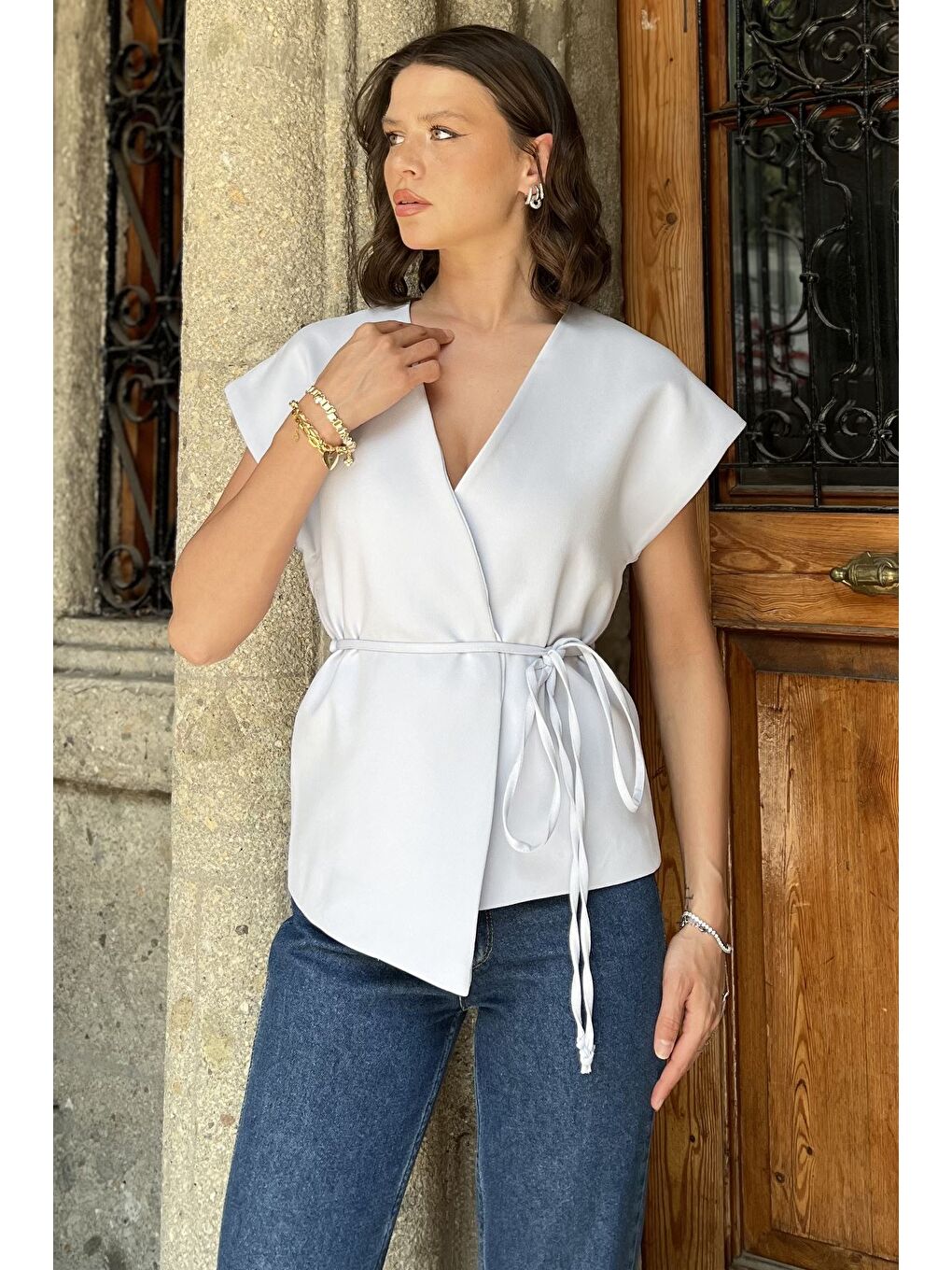 Mavi Kadın Kruvaze Yaka Bel Bağlama Detaylı Astarlı Yelek