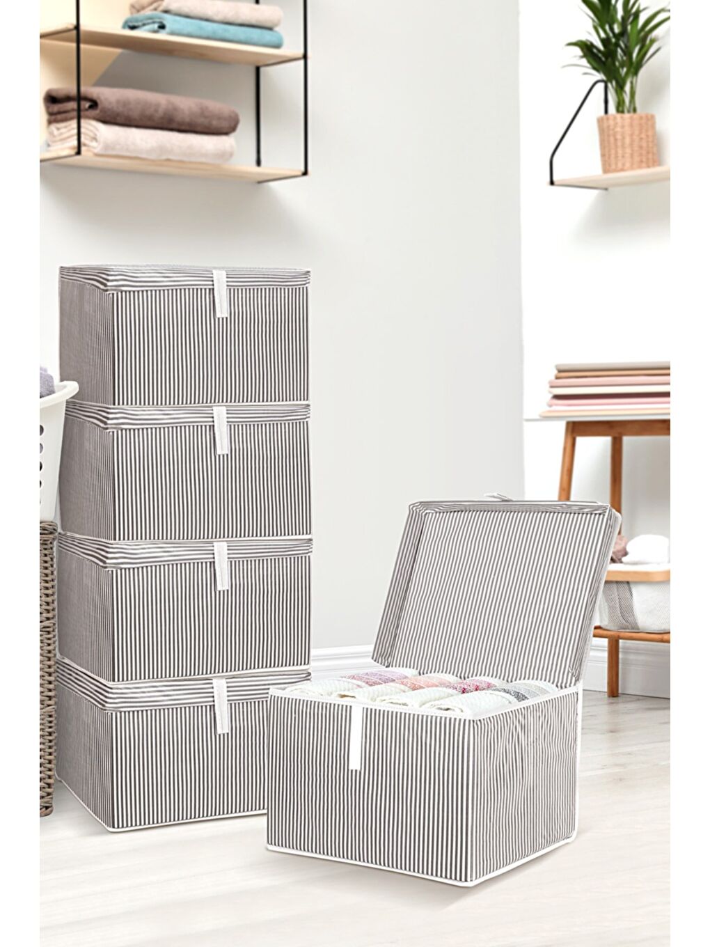 Gri 5 Adet Kapaklı Hurç Saklama Kutusu 40x30x26 cm