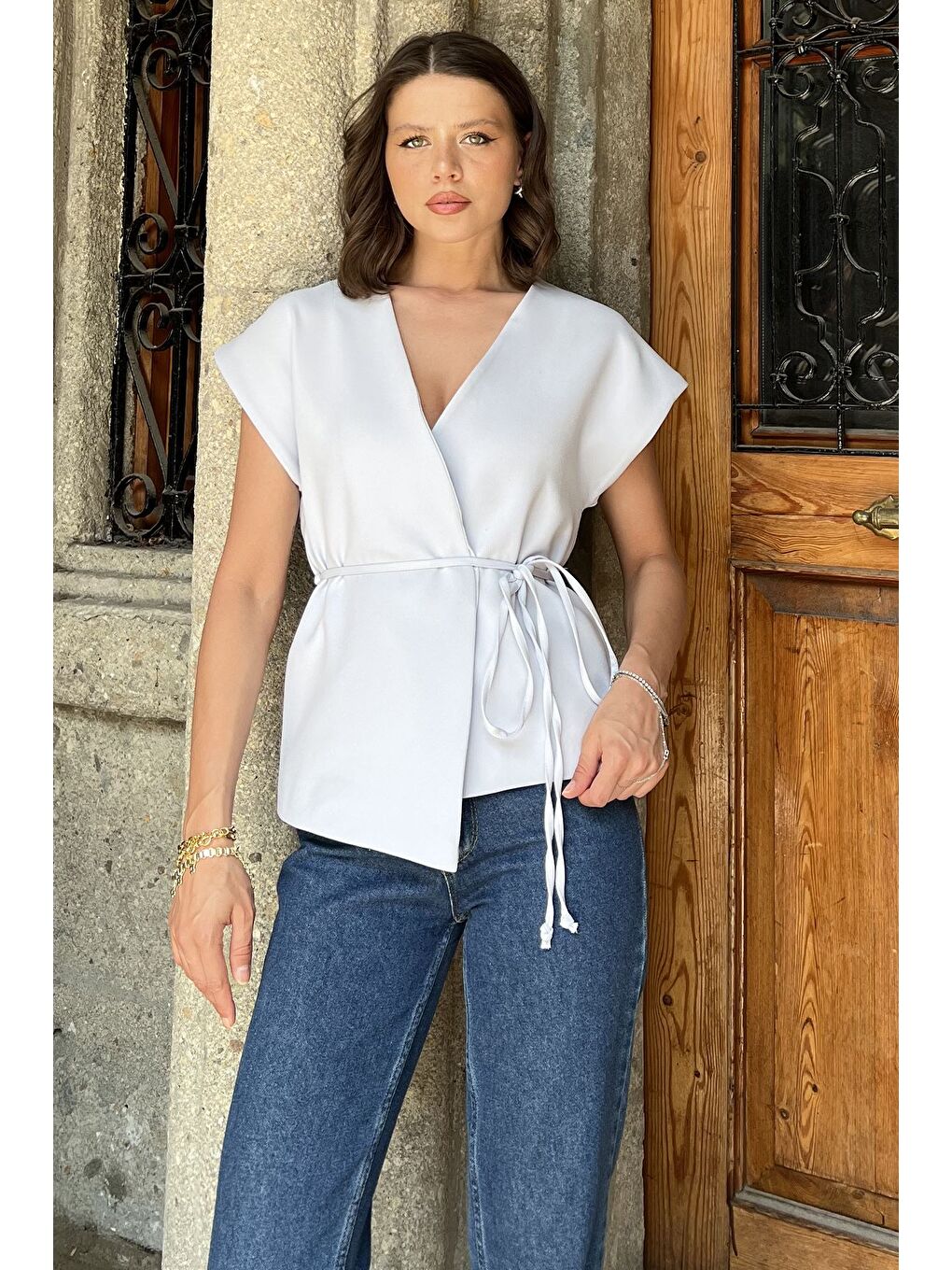 Mavi Kadın Kruvaze Yaka Bel Bağlama Detaylı Astarlı Yelek-1