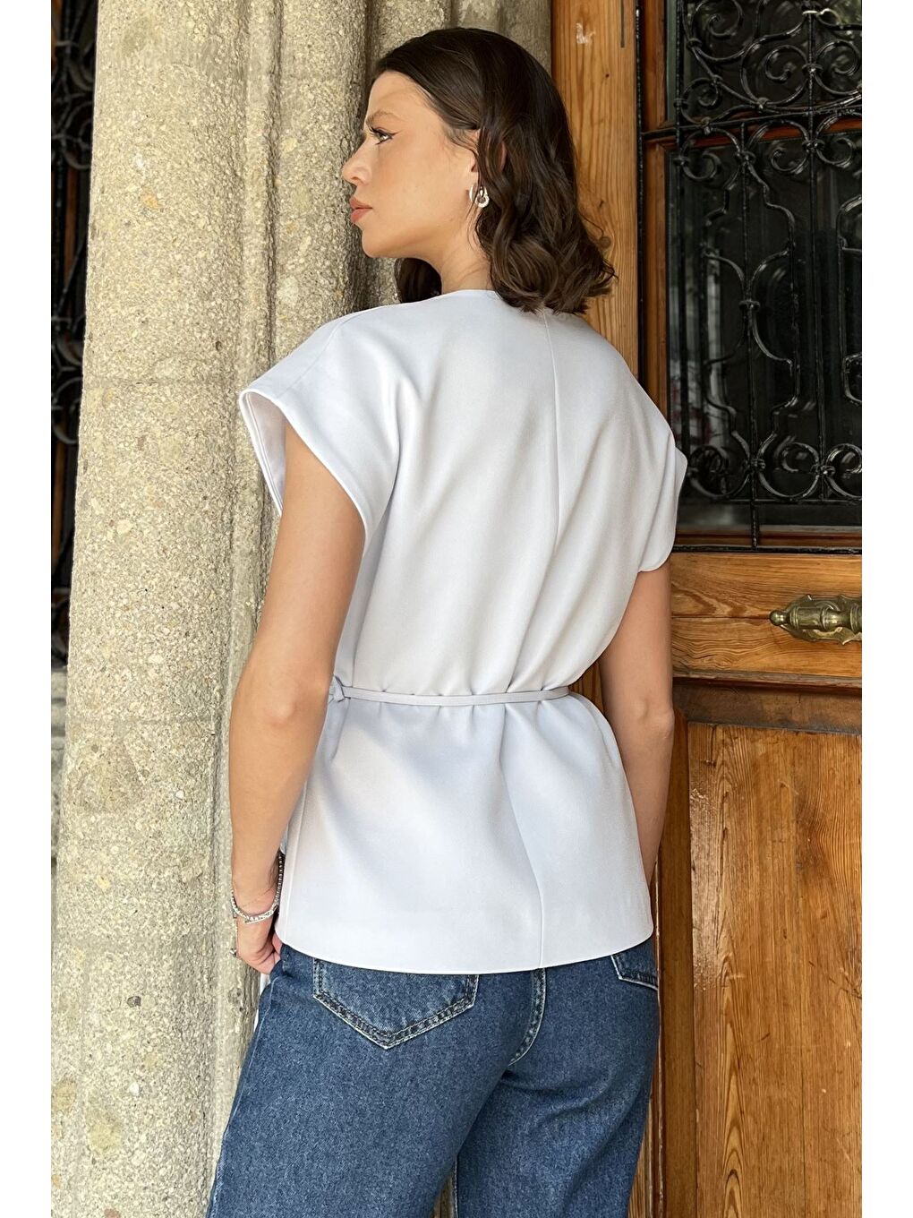 Mavi Kadın Kruvaze Yaka Bel Bağlama Detaylı Astarlı Yelek-2