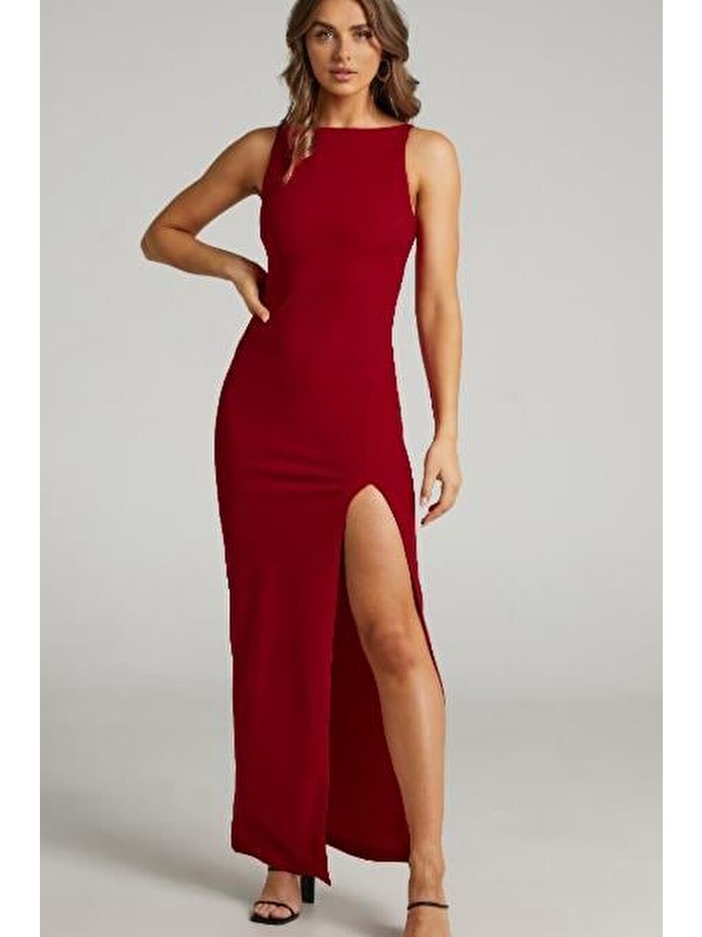 Bordo Maxi Boy Yırtmaç Detaylı Kadın Elbise Mg2367-5