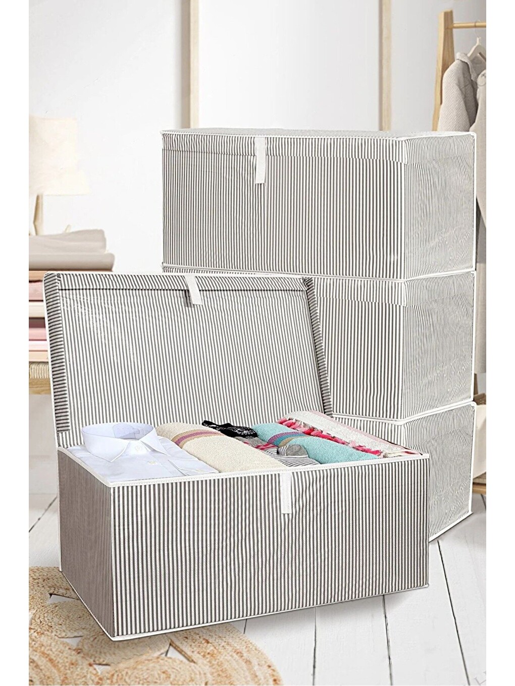 Gri 4 Adet Kapaklı Hurç Saklama Kutusu 70x40x30 cm