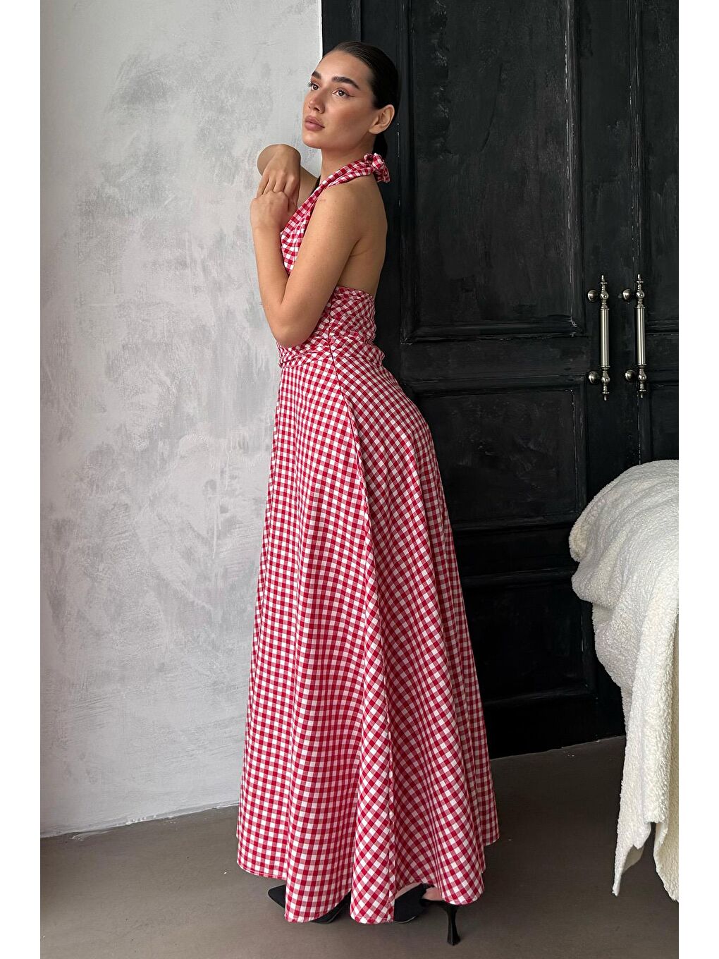 Kırmızı Ekoseli Midi Boy Kadın Elbise Mg2350-8