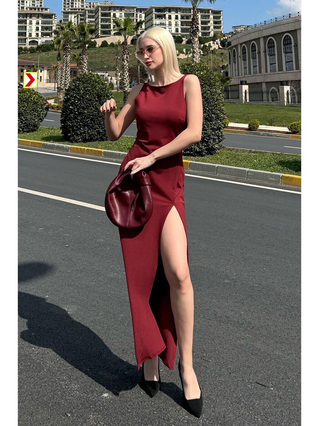 Bordo Maxi Boy Yırtmaç Detaylı Kadın Elbise Mg2367-6