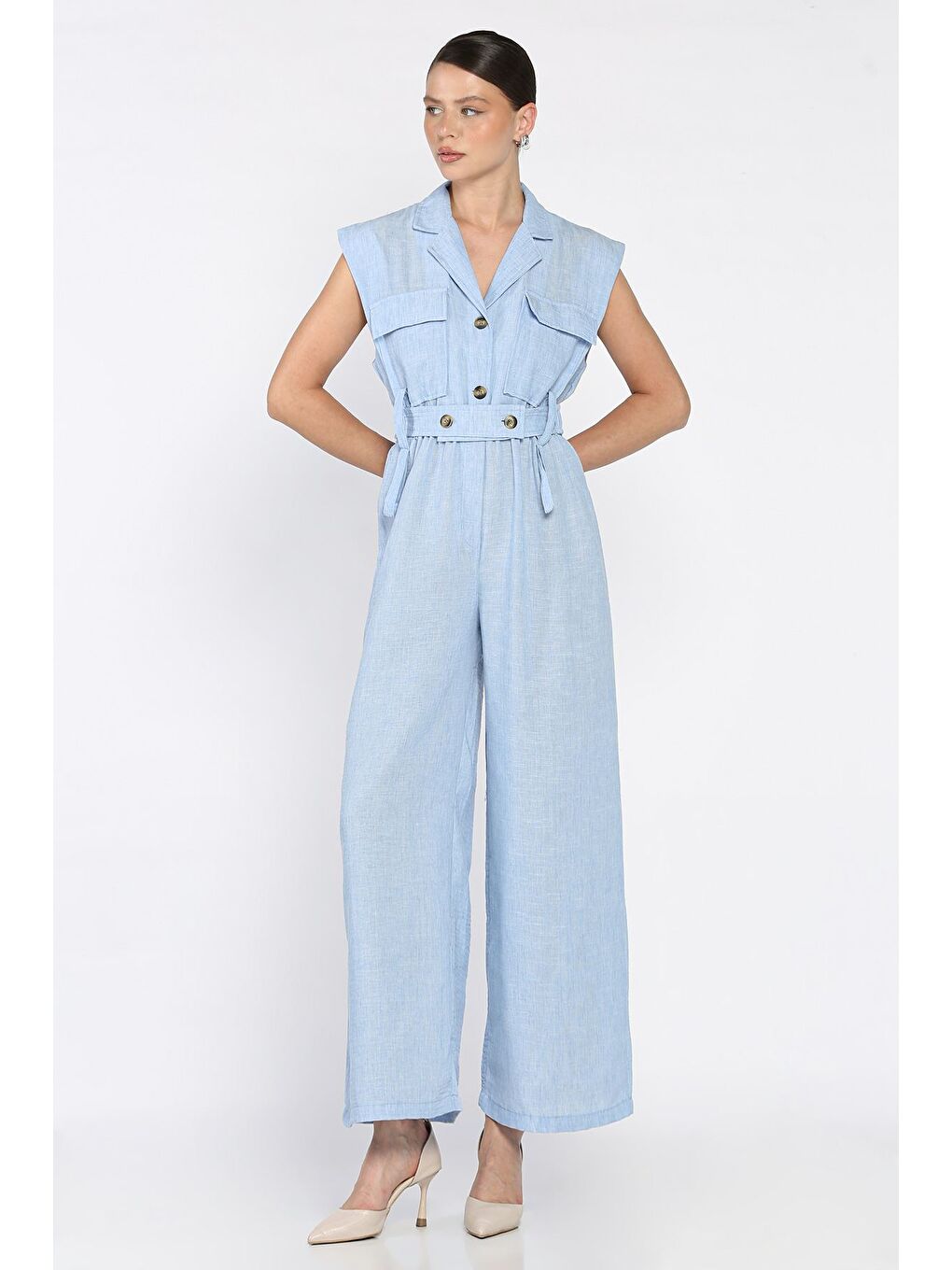 Mavi Bel Lastikli Kemerli Keten Tulum