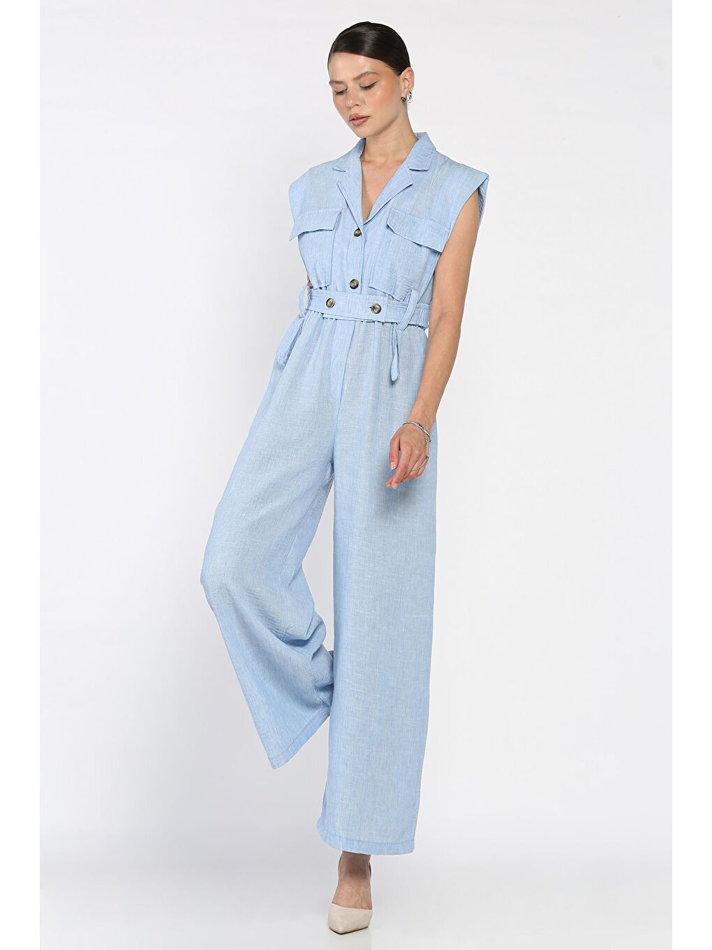 Mavi Bel Lastikli Kemerli Keten Tulum-1